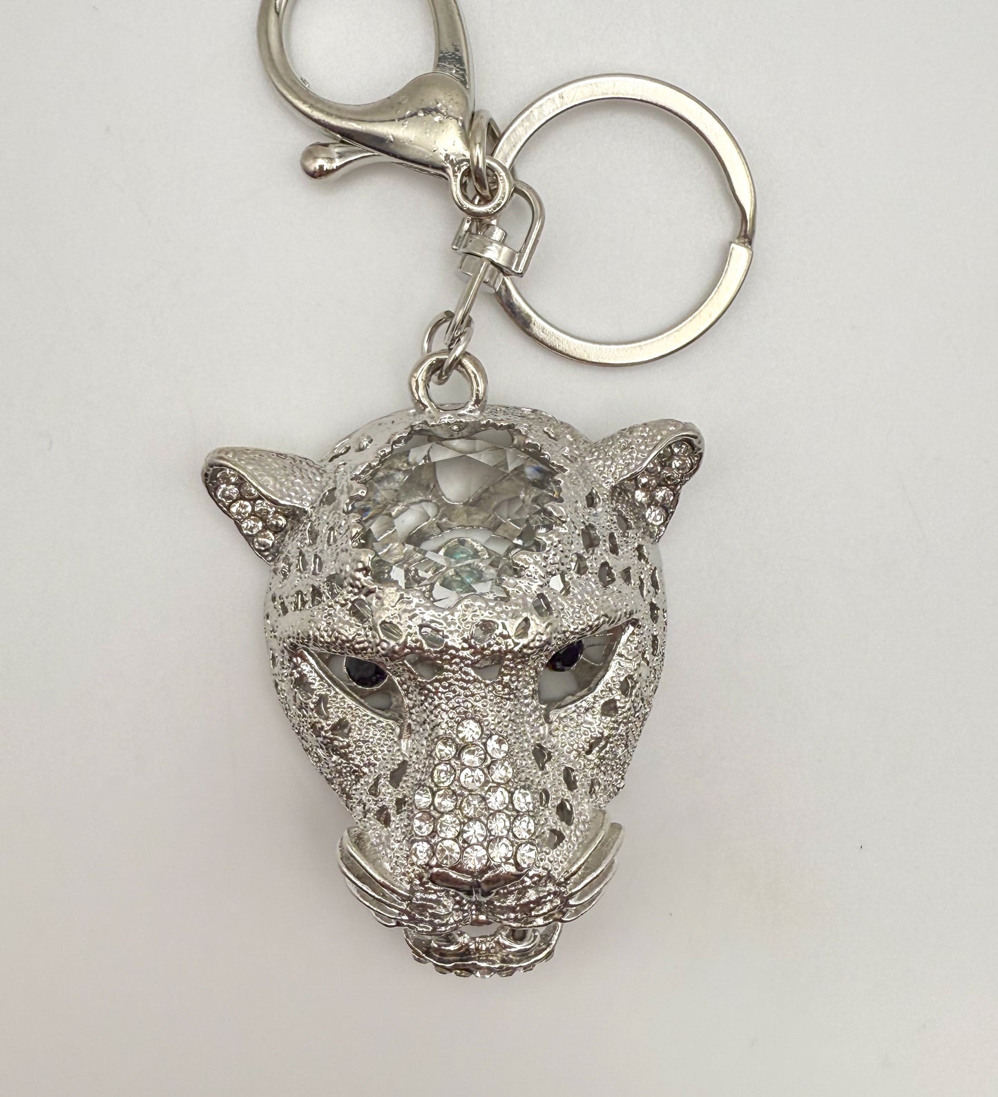 Silver Leopard Head with Huge Zircon on top of head Keychain