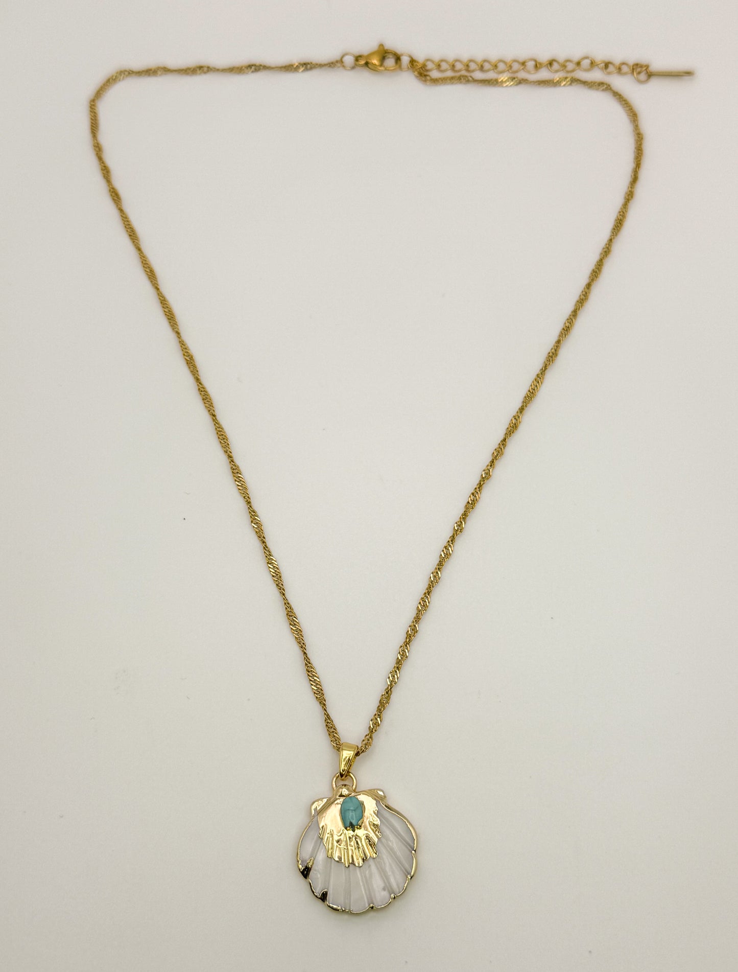 Nature’s Beauty Necklace-Natural Shell with Natural Turquoise Gemstone, Gold Stainless Steel Pendant Necklace