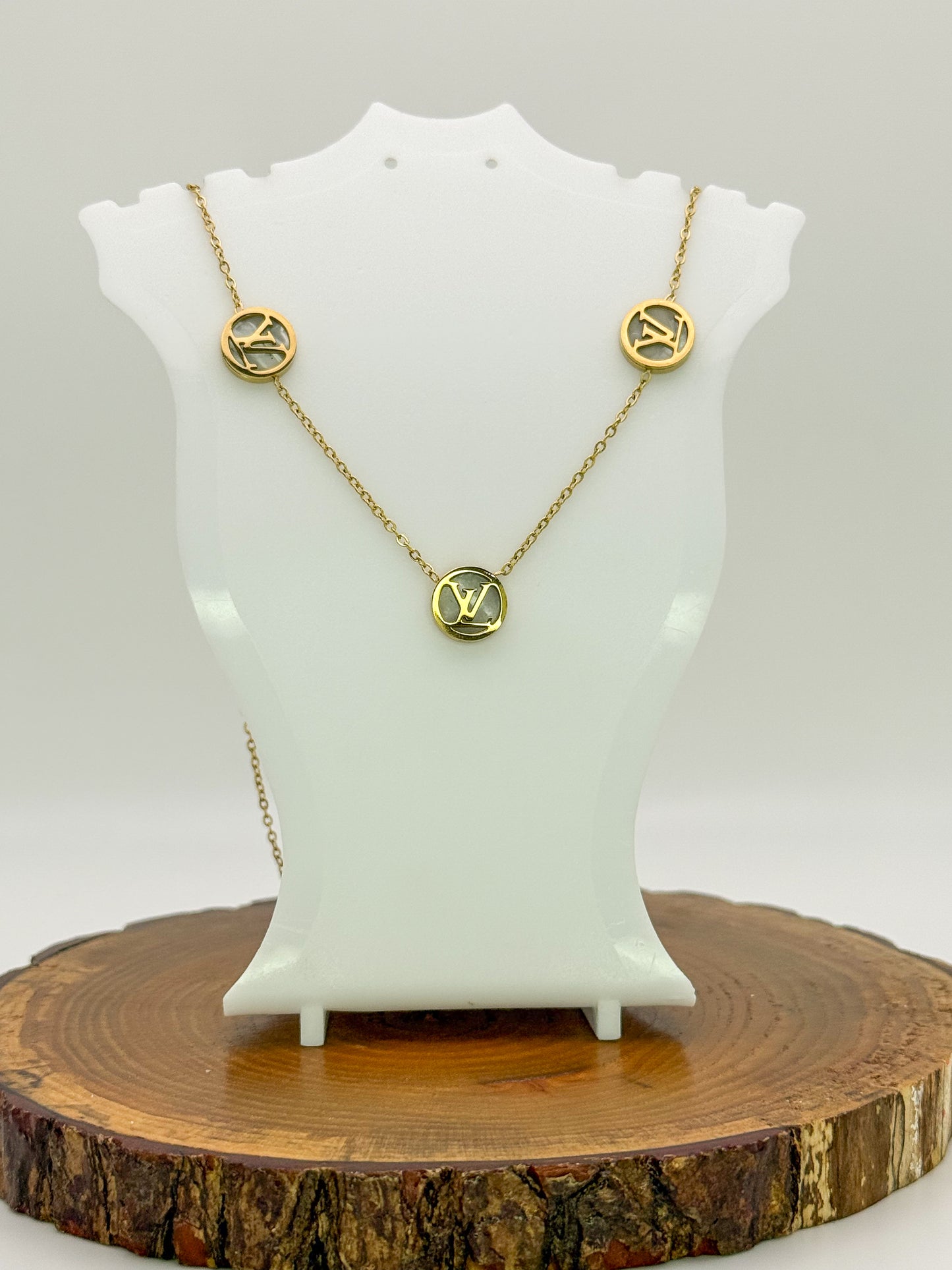 Round LV Designer Gold Stainless Steel Necklace with Mother of Pearl Shell Inclusions
