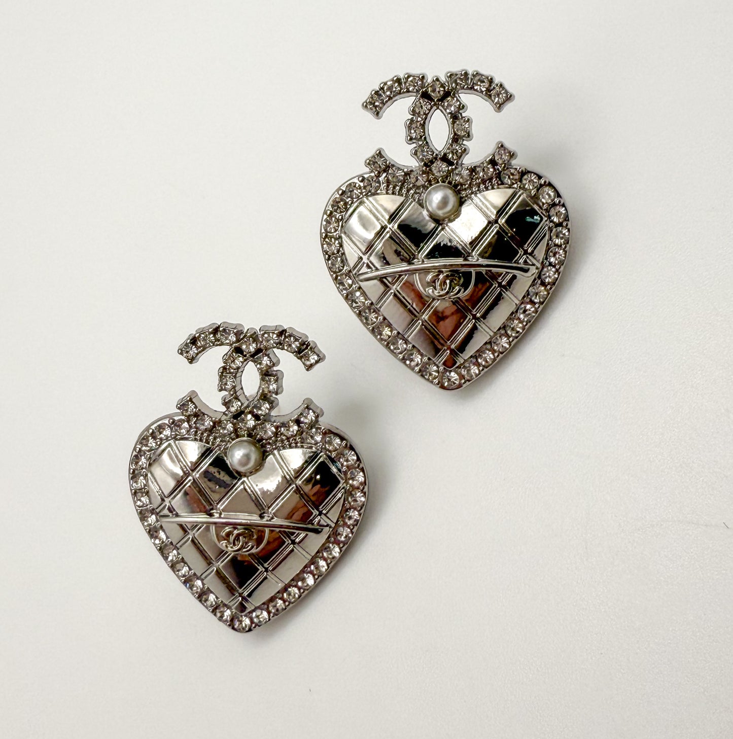 Silver CC Heart Stud Earrings- Stamped