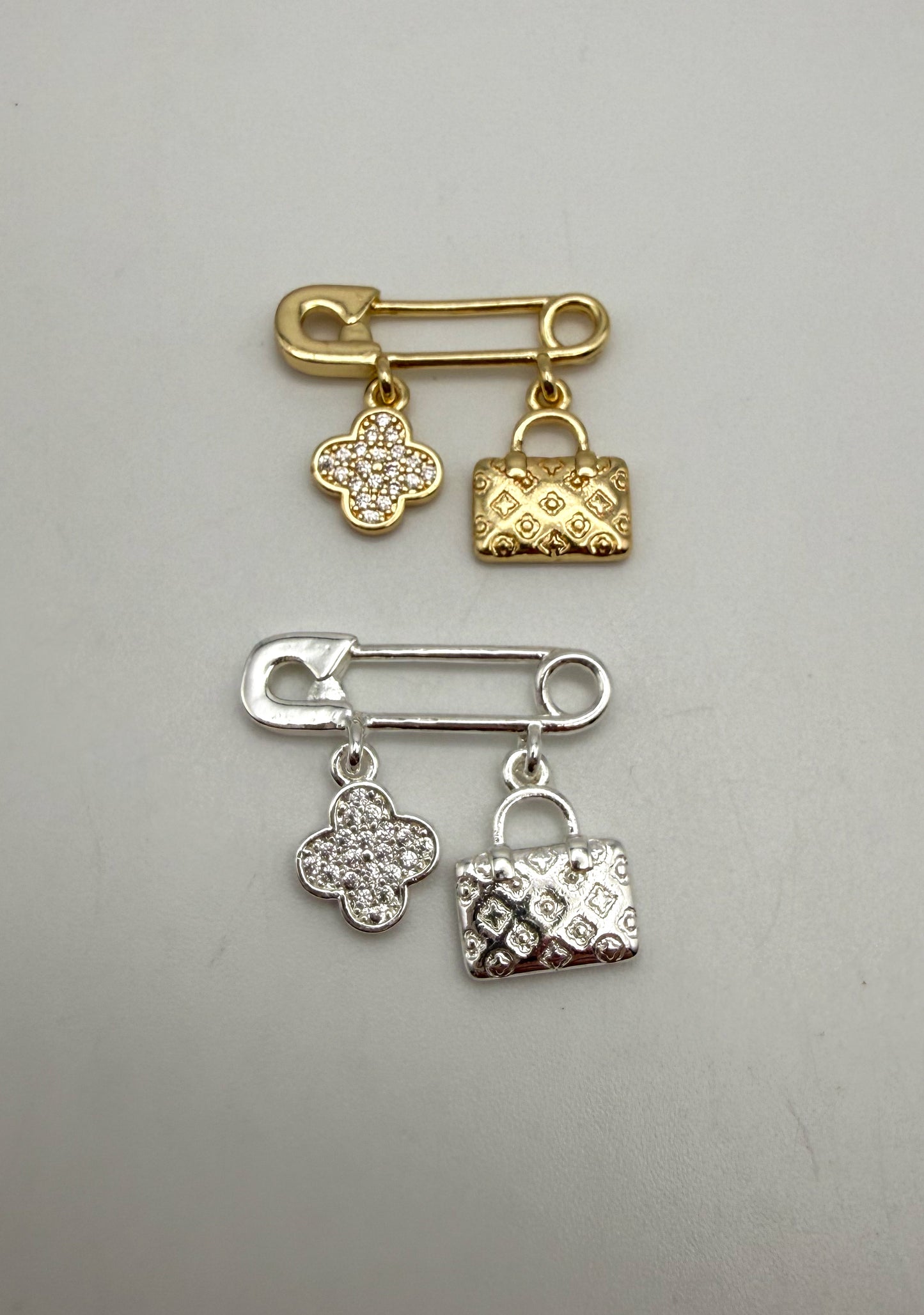 LV Inspired Clover & Purse Silver or Gold Safety Pin Dangle Charm Pendant