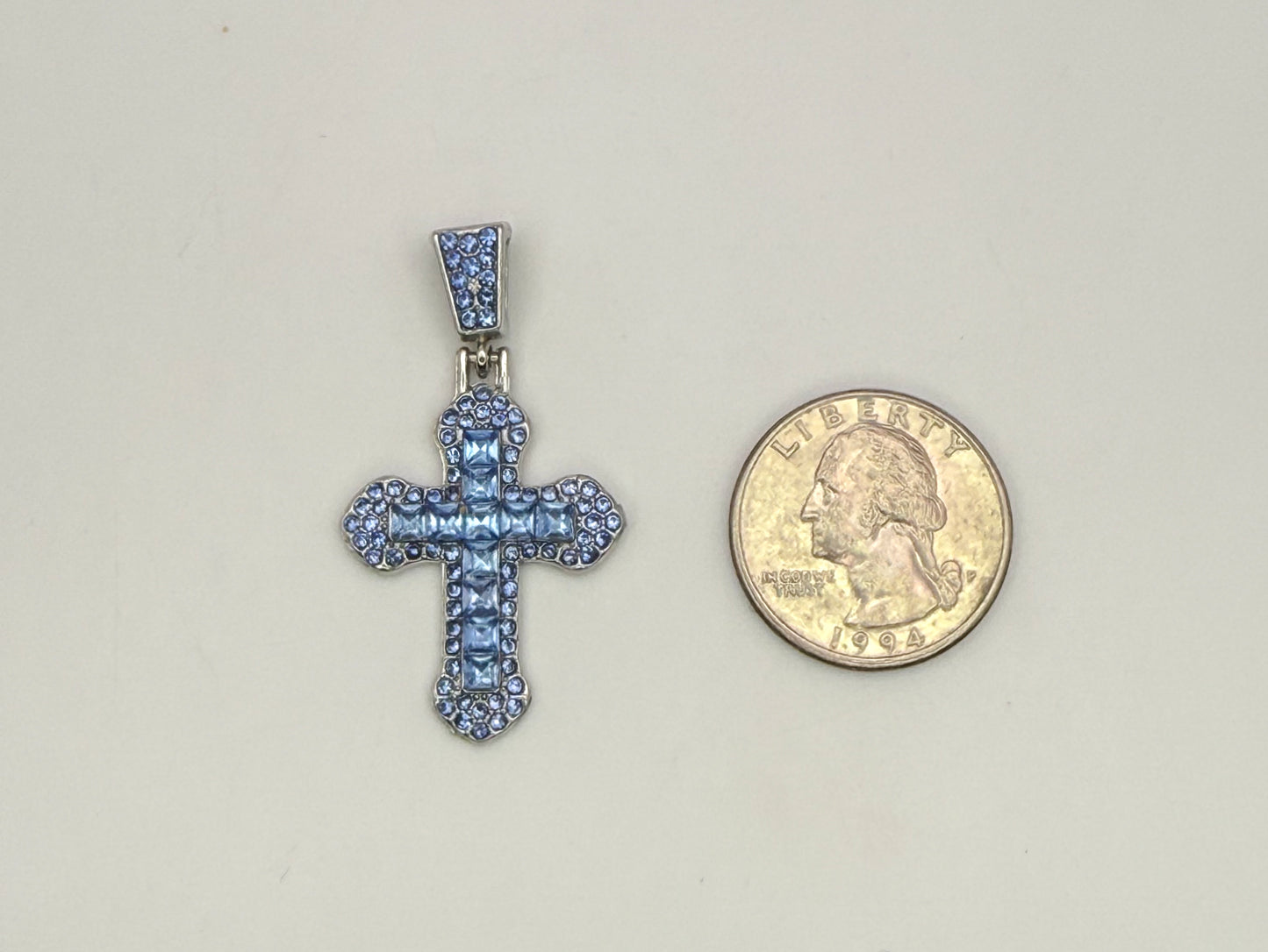 Blue Zircon Covered Silver Cross Pendant