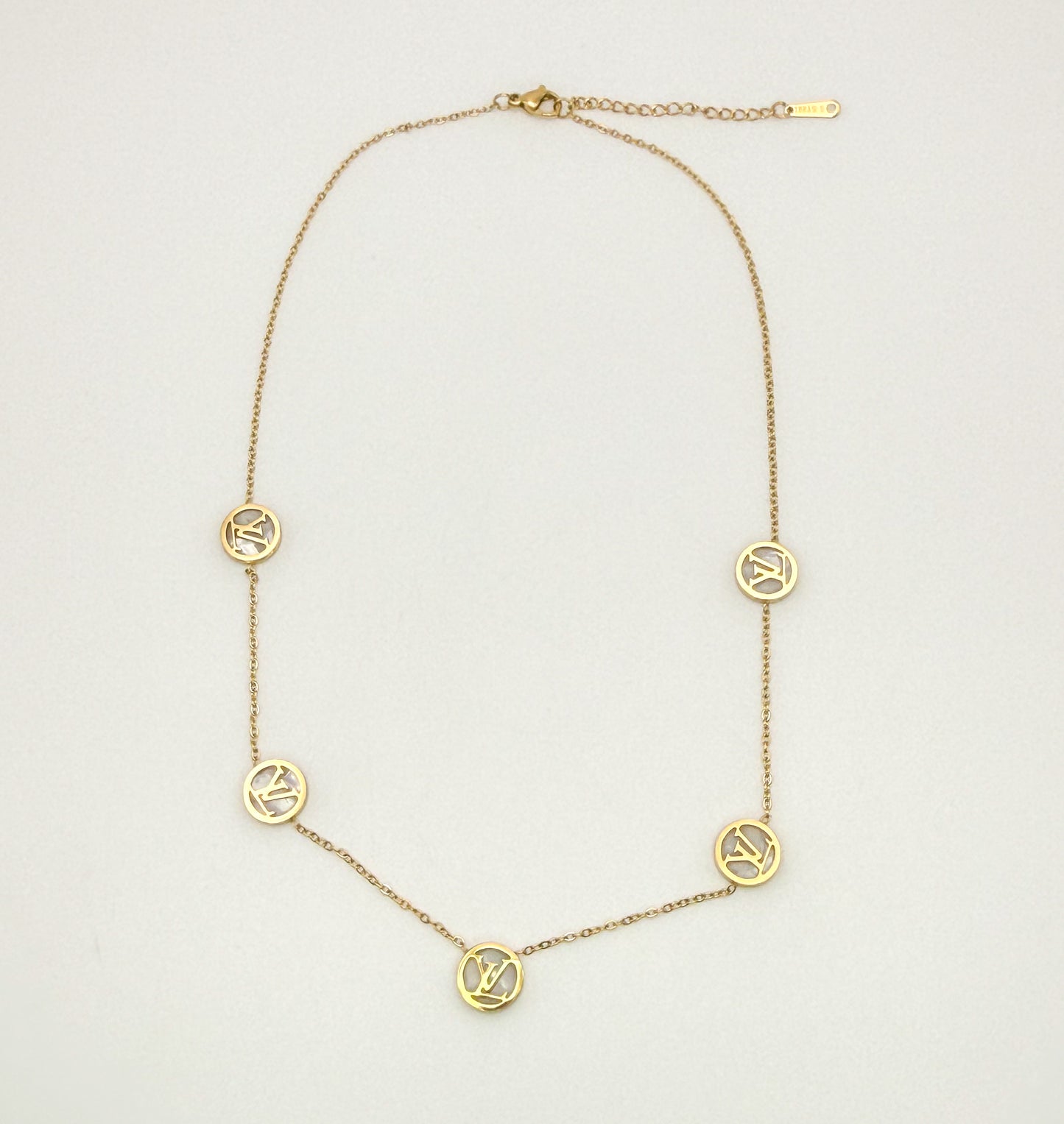 Round LV Designer Gold Stainless Steel Necklace with Mother of Pearl Shell Inclusions