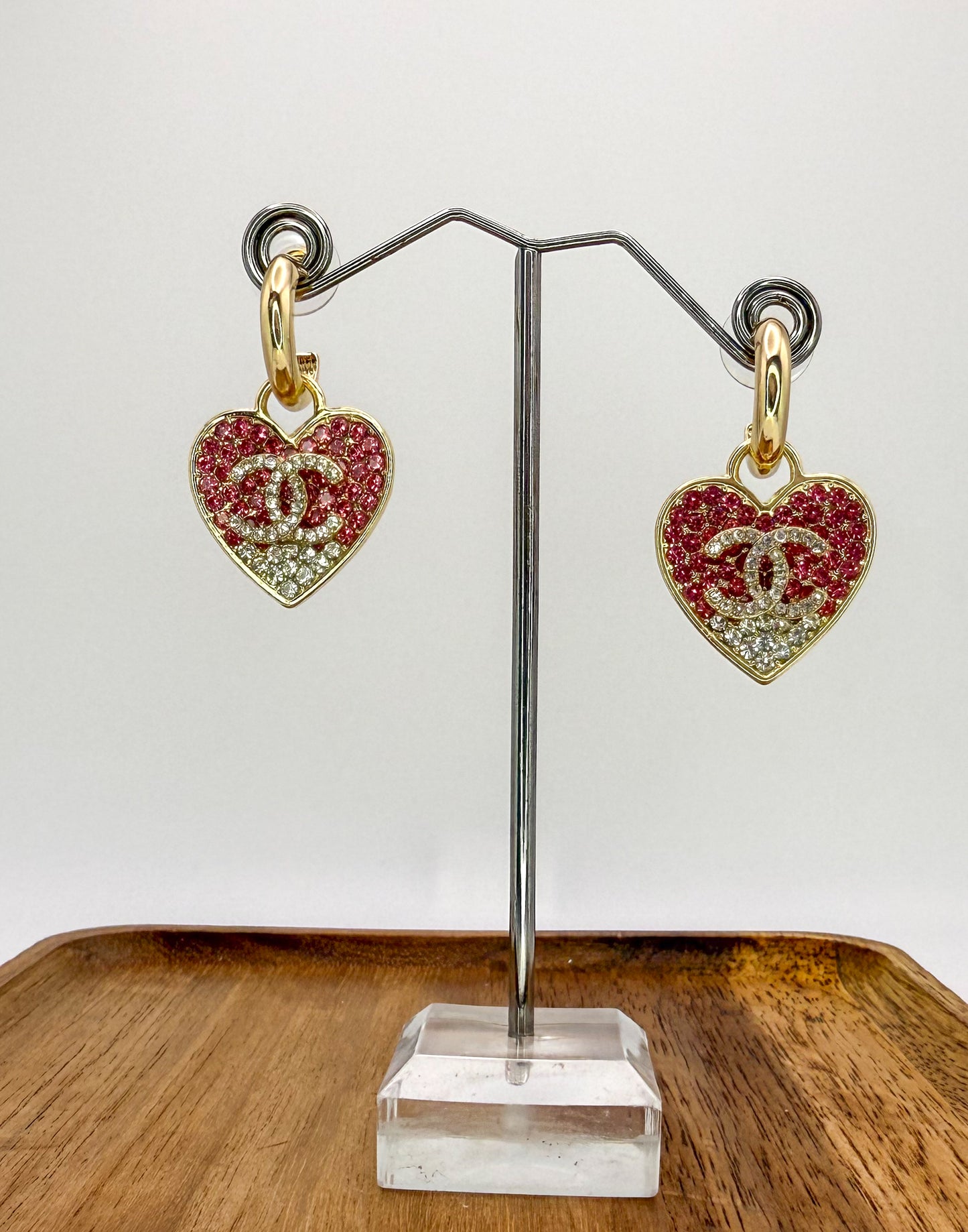 Gold & Hot Pink CC Designer Stud Dangle Hoop Earrings
