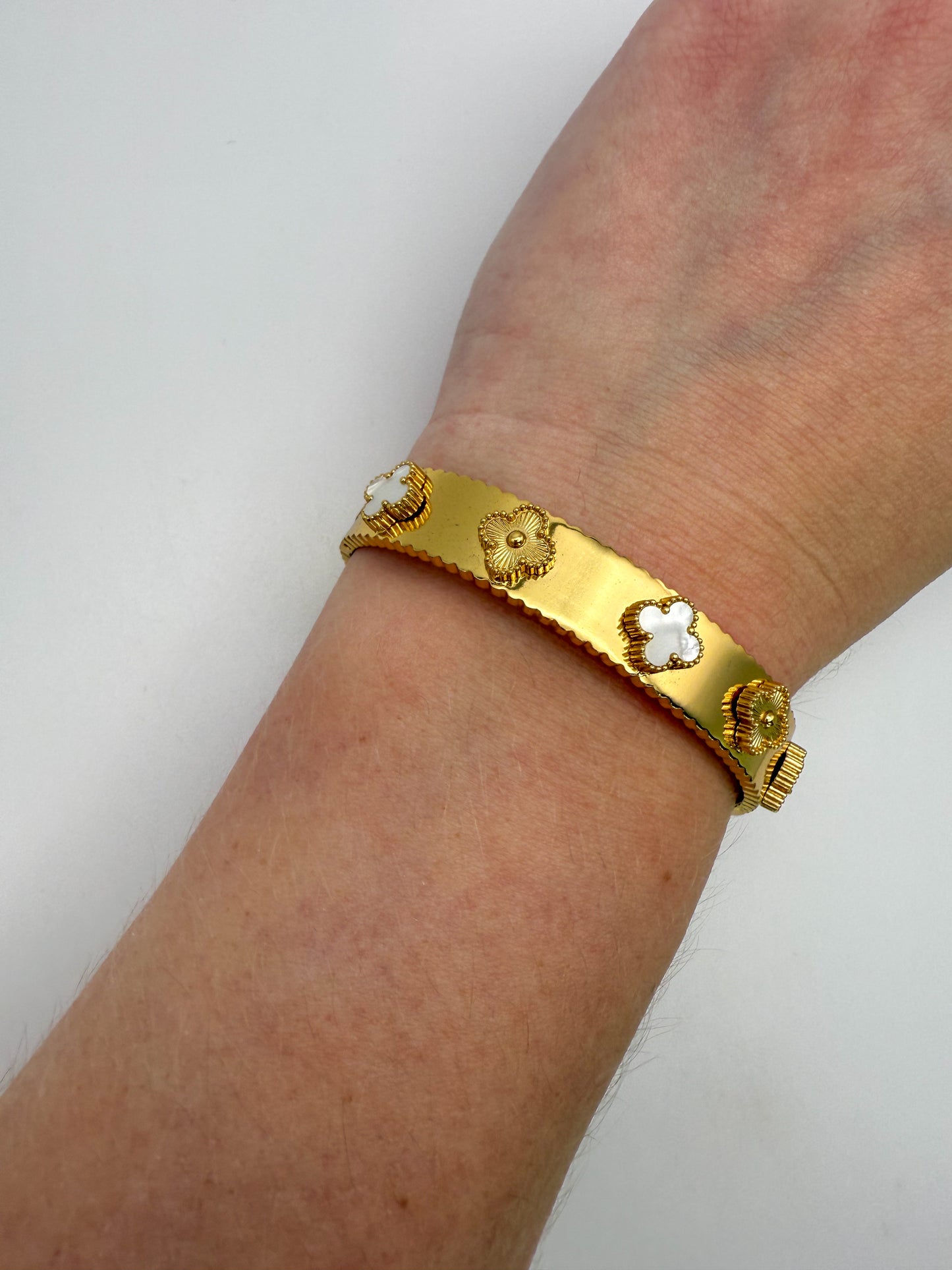 Gold with Mother of Pearl Shell Clover Bangle Bracelet