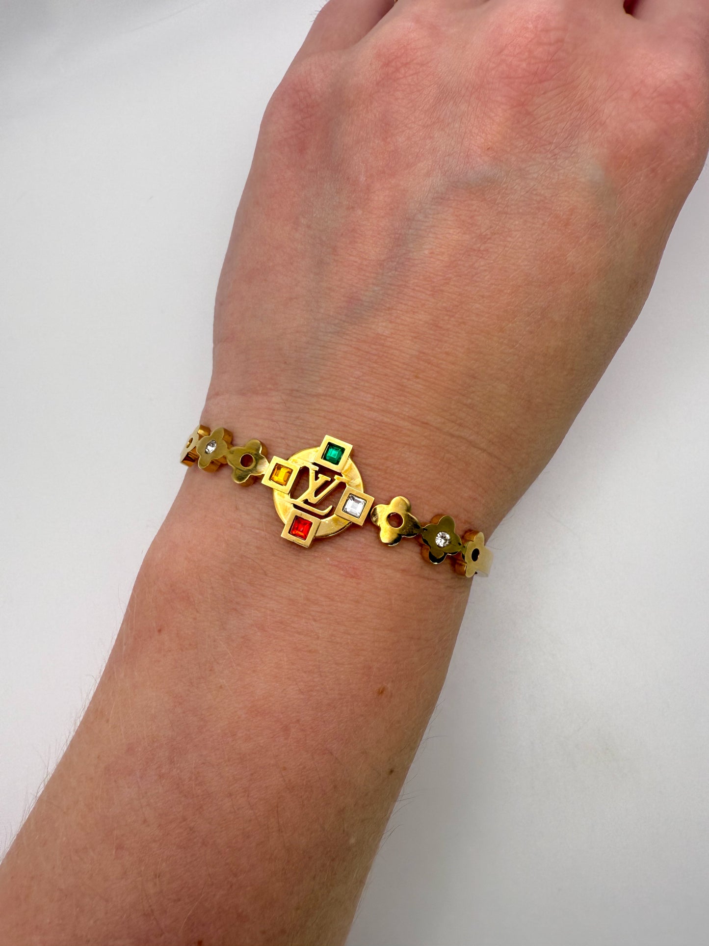 Gold LV Open Front Bangle Bracelet with Colorful Zircon