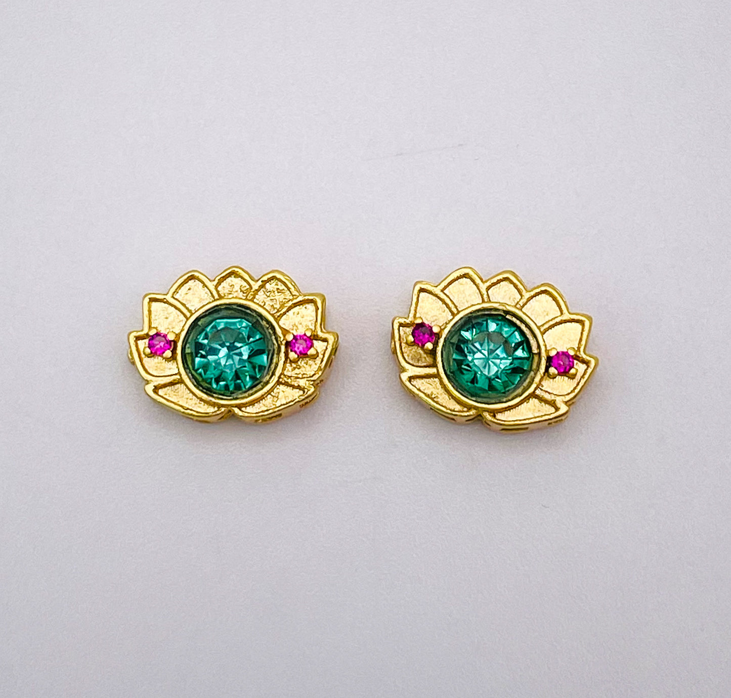 Gold Lotus Charm Bead with Big Green & Micro Pave Red Zircon Gems