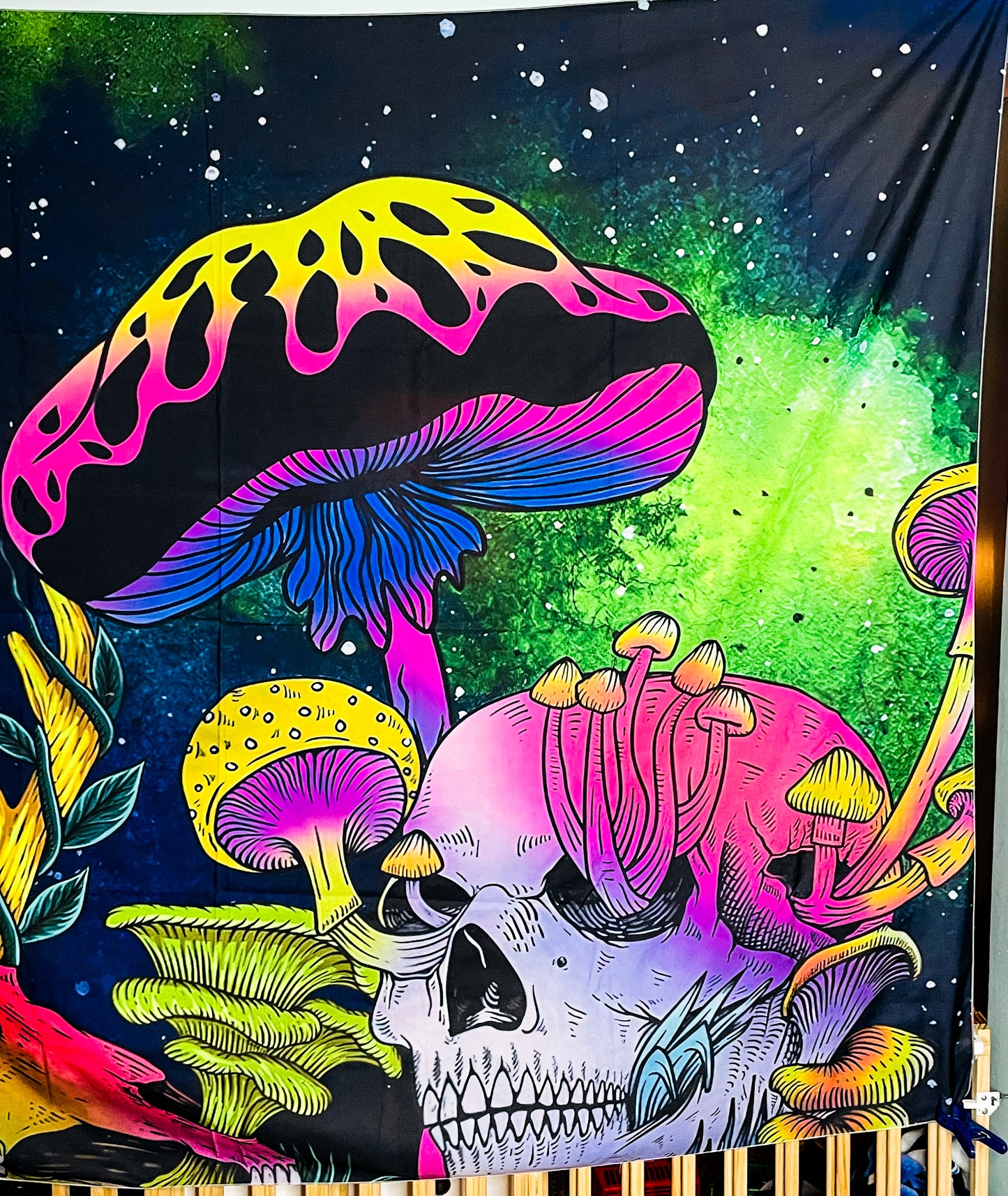 UV Blacklight Reactive Glow in the Dark Fantasy Skull Mushroom Land Tapestry