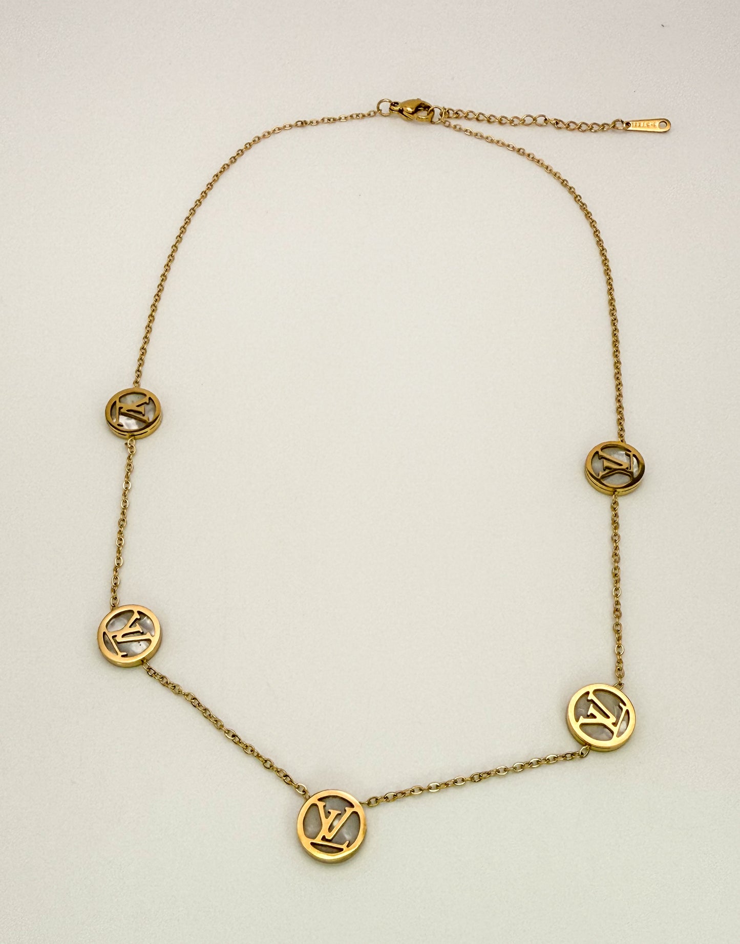 Round LV Designer Gold Stainless Steel Necklace with Mother of Pearl Shell Inclusions