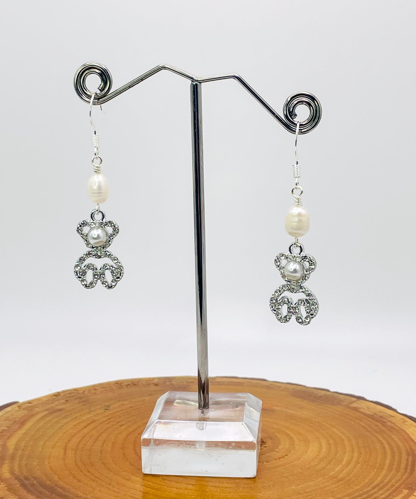Silver Pearl Teddy Bear Earrings