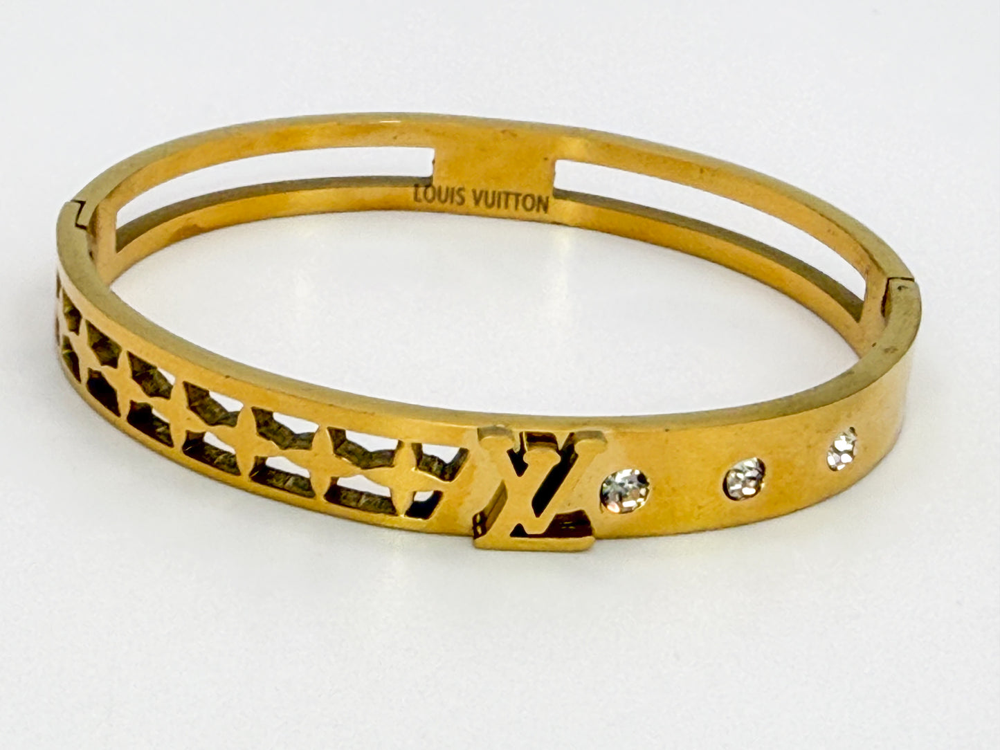 High Quality LV Designer Gold Stainless Bangle Bracelet with Mini Designer Stamp
