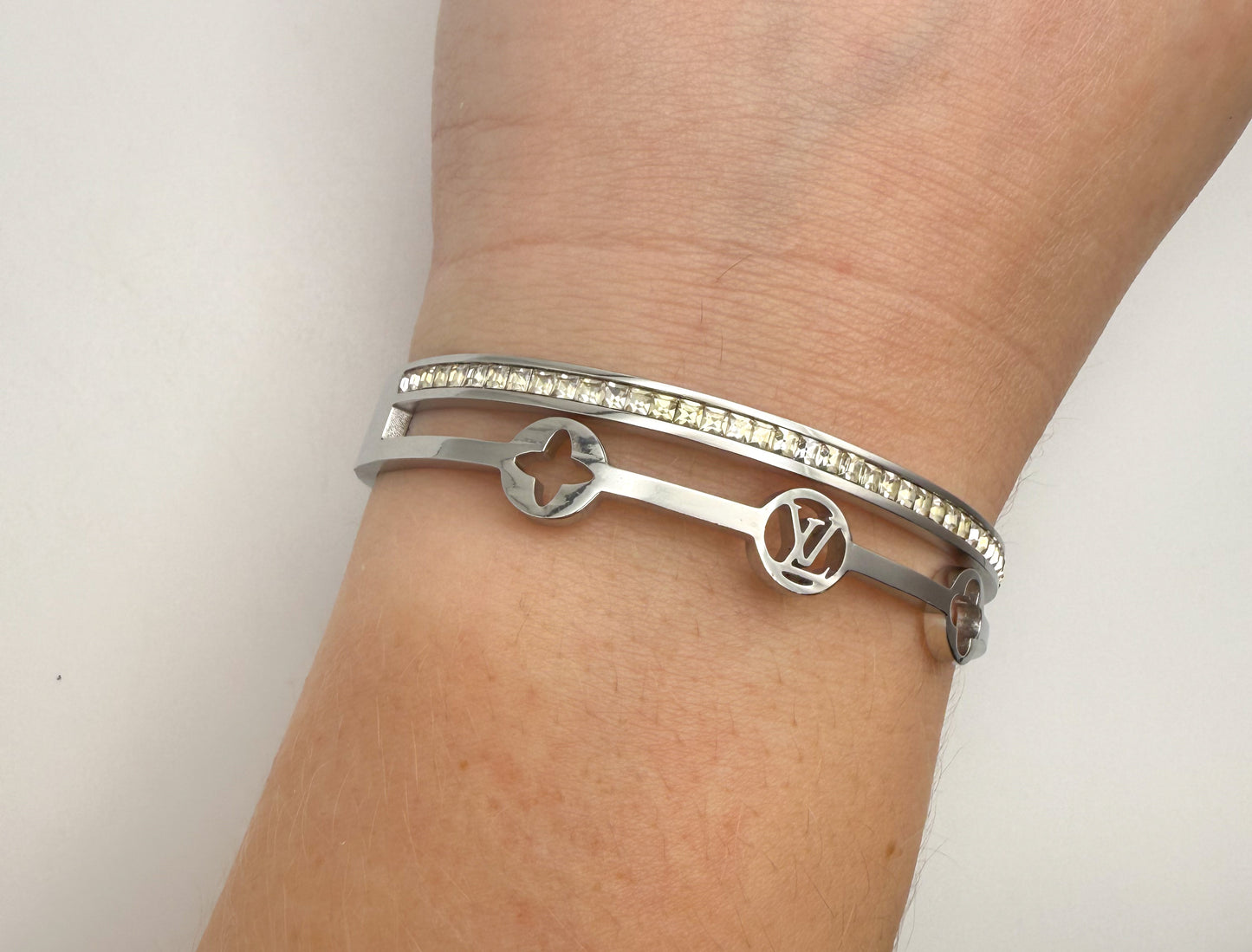 Silver Stainless Steel LV Designer with Rhinestones Bangle Bracelet