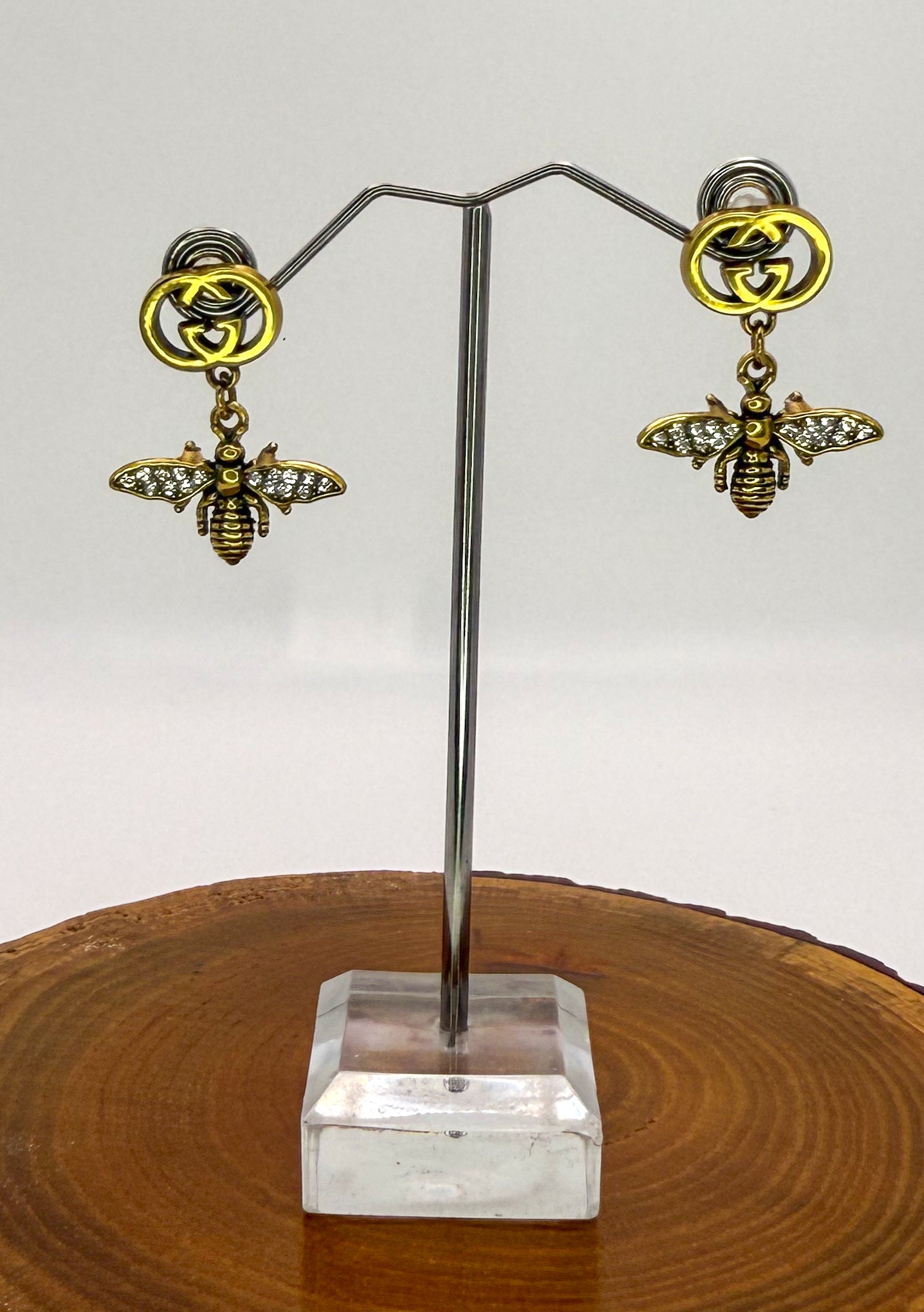 Antique Gold GG Designer Bumble Bee Stud Earrings