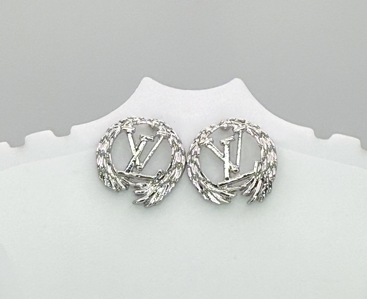 Silver LV Designer Feathered Round Stud Earrings