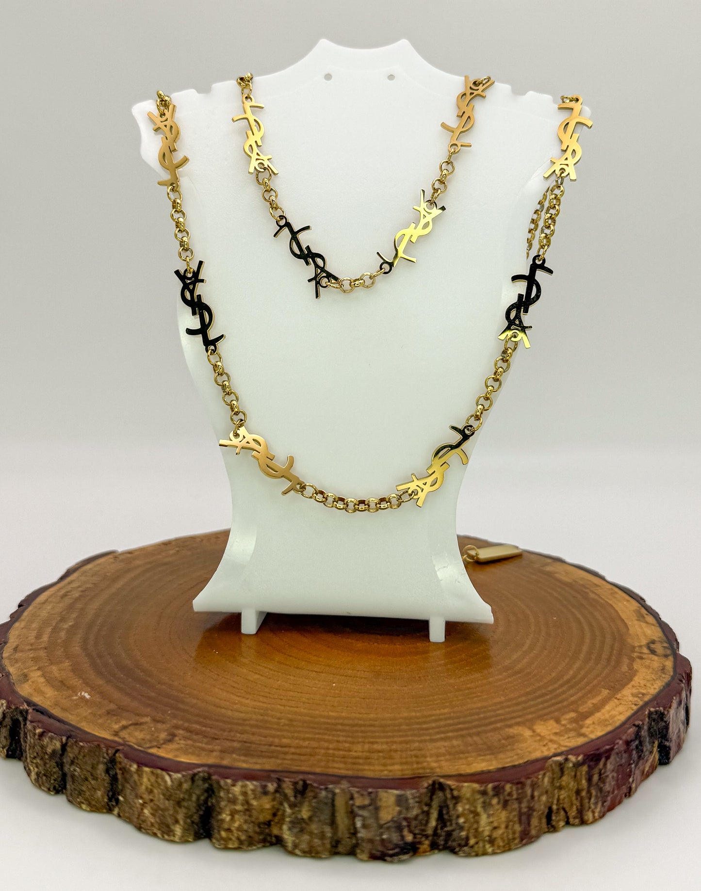 YSL Designer Gold Stainless Steel Matching Necklace & Bracelet Set