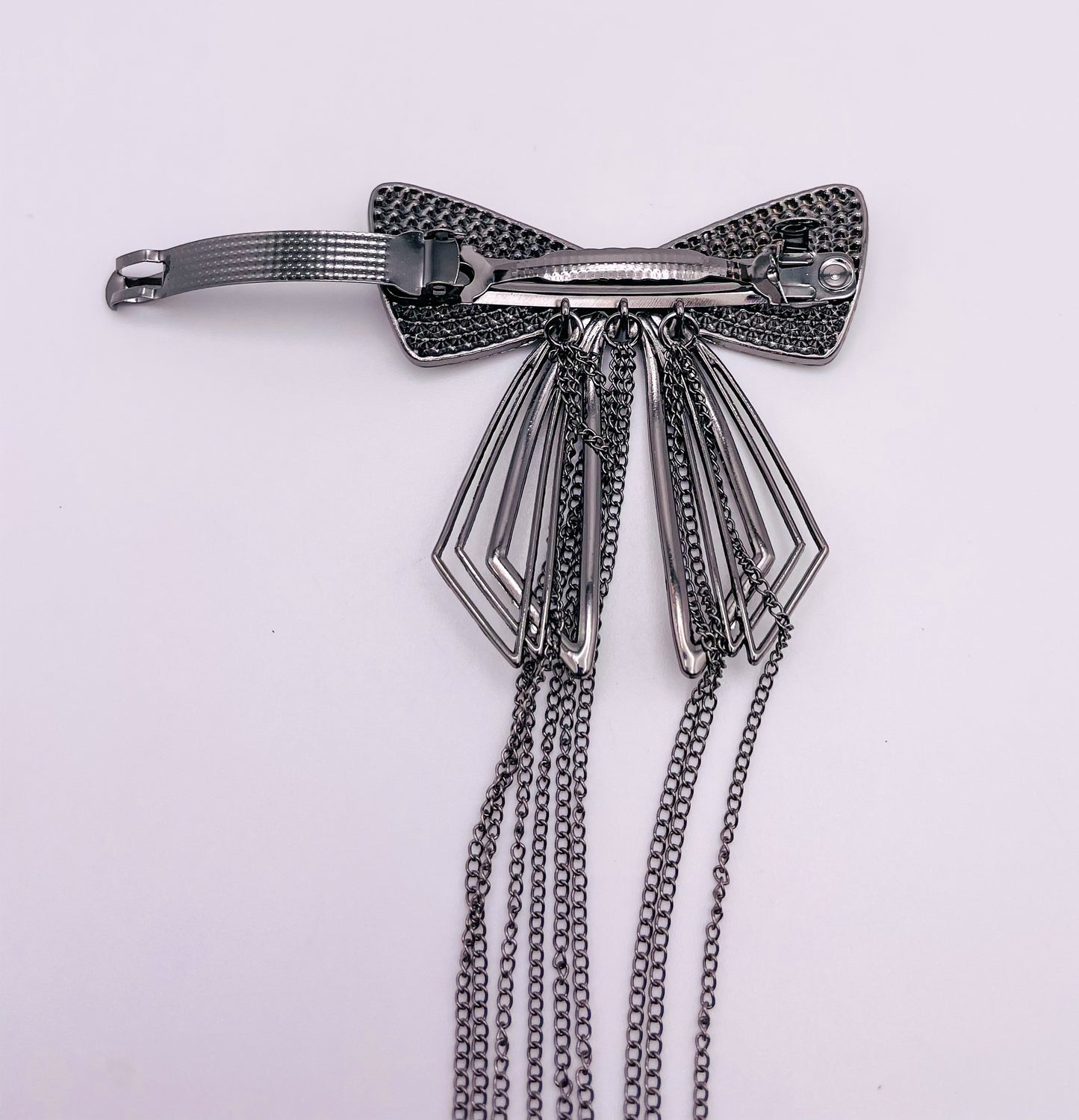 Black Bow Brochette with Dangling Black Chain; Hair Pin