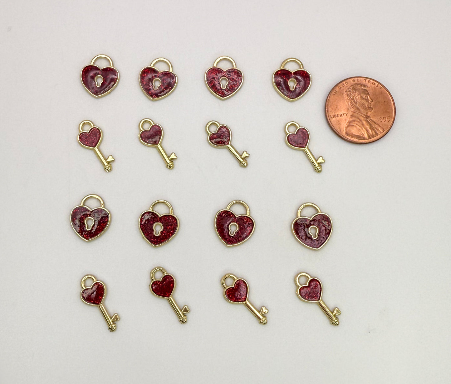 Mini Gold & Sparkling Red Heart Lock & Key DIY Charm Mix
