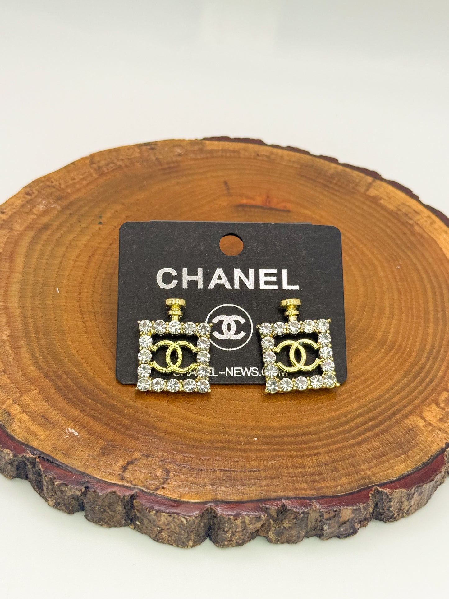 Gold CC Designer Perfume Bottle Stud Earrings