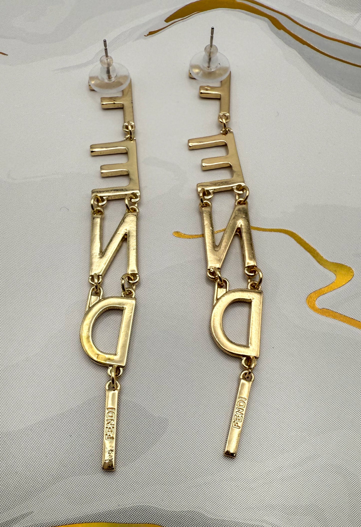 Long Gold Fendi Designer Dangle Stud Earrings