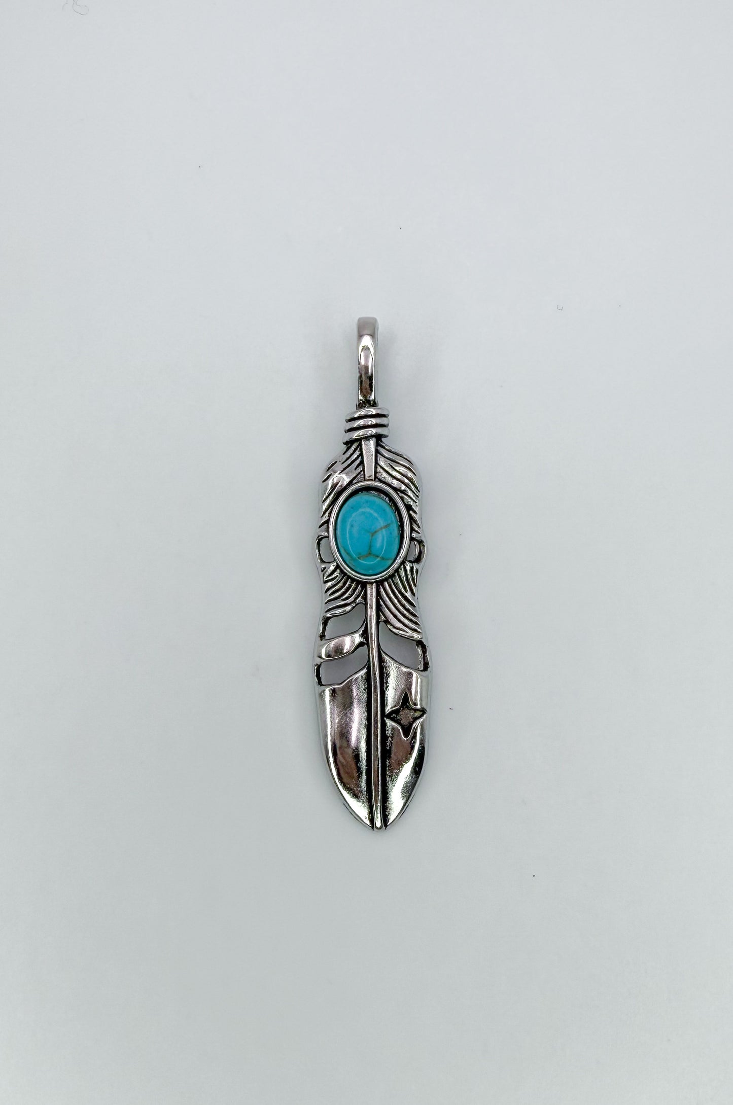 Silver Feather Pendant with Turquoise Stone in Center