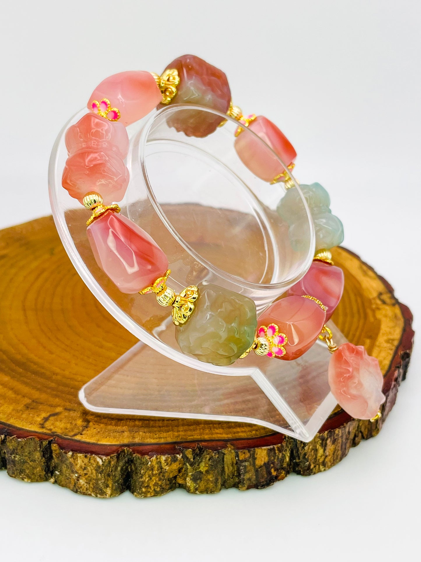 Natural Yanyuan Agate Peony Square Freeform Carving Adjustable Stretch Bracelet
