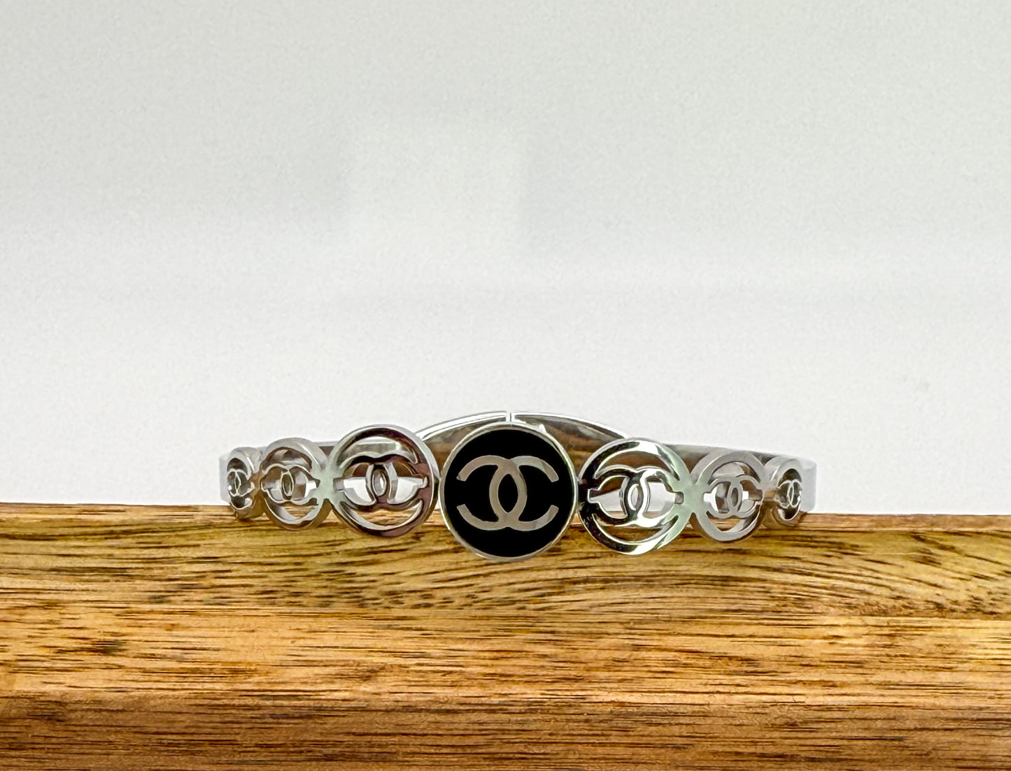 Silver CC Open Front Bangle Bracelet