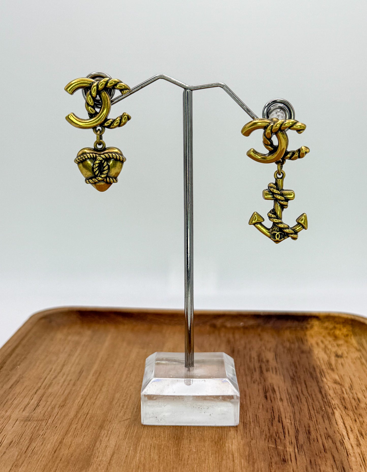 Antique Gold CC Designer Love & Anchor Stud Dangle Earrings