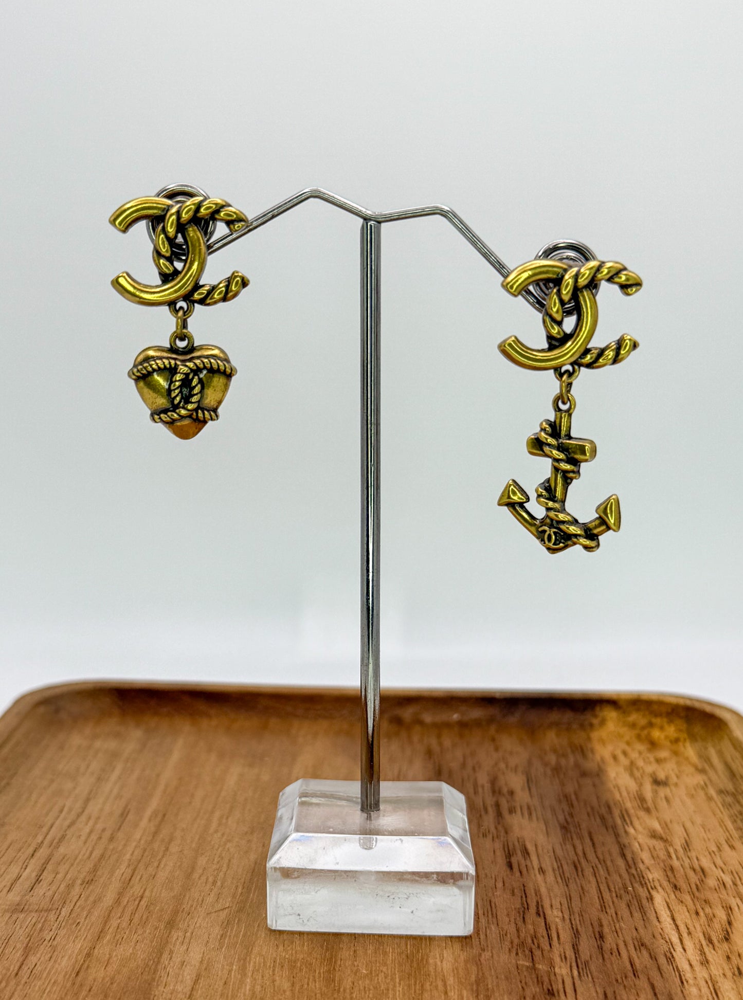 Antique Gold CC Designer Love & Anchor Stud Dangle Earrings