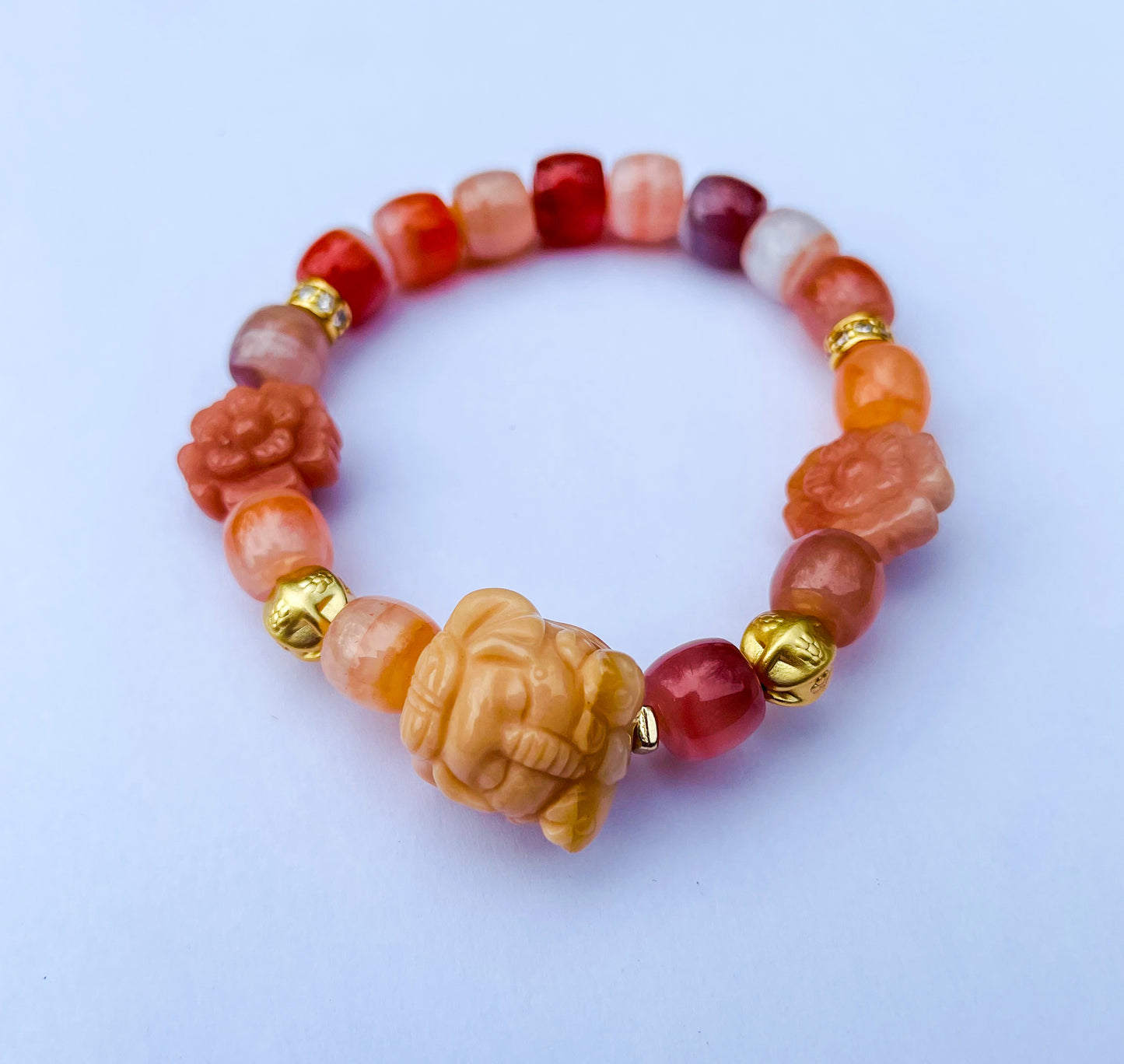 Natural Orange Botswana Agate with Natural Alashan Agate Baby Elephant Crystal Carving Beaded Stretch Adjustable Bracelet