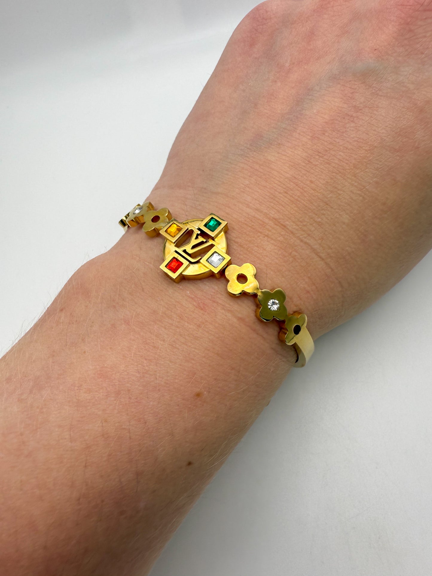 Gold LV Open Front Bangle Bracelet with Colorful Zircon