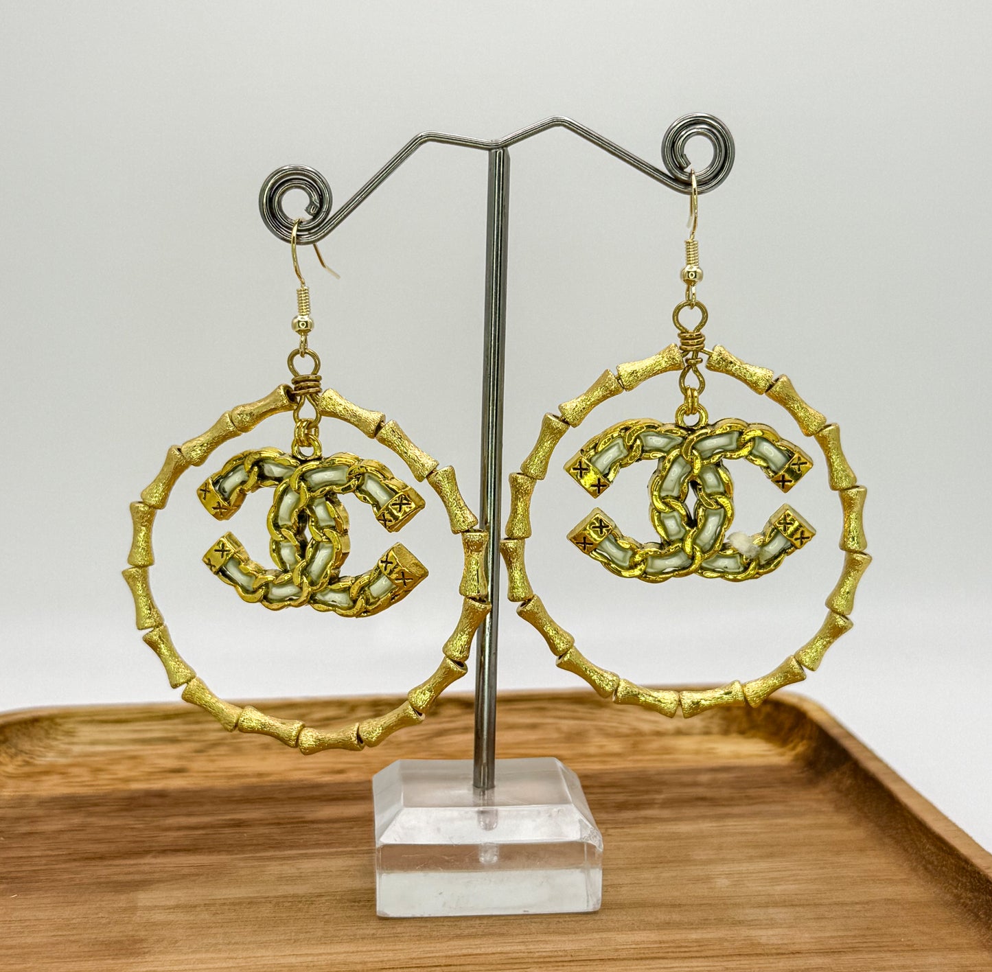 Gold Bamboo CC Designer Hoop Earrings