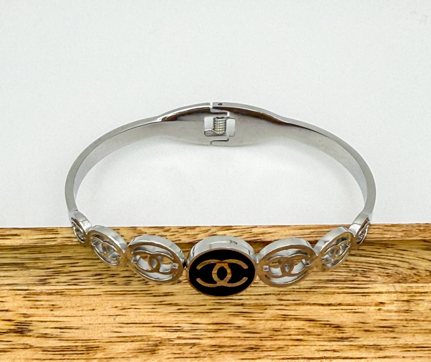 Silver CC Open Front Bangle Bracelet