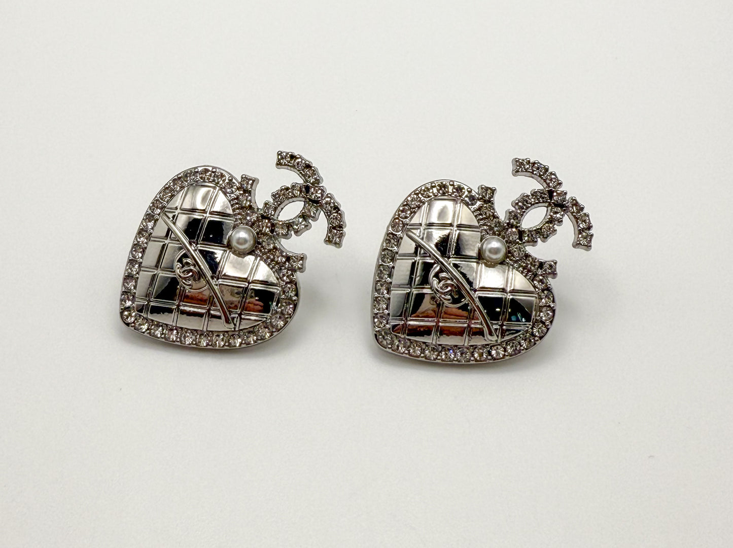 Silver CC Heart Stud Earrings- Stamped