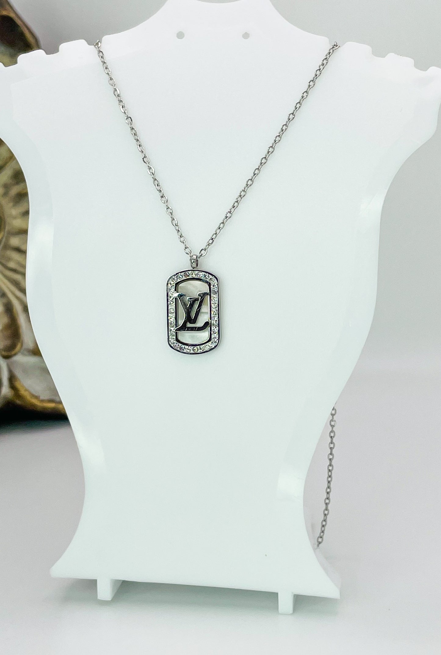 LV Mother of Pearl Rectangle Bling Pendant Stainless Steel Necklace, Gold or Silver