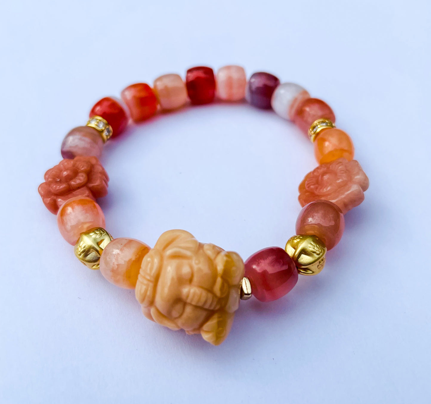 Natural Orange Botswana Agate with Natural Alashan Agate Baby Elephant Crystal Carving Beaded Stretch Adjustable Bracelet