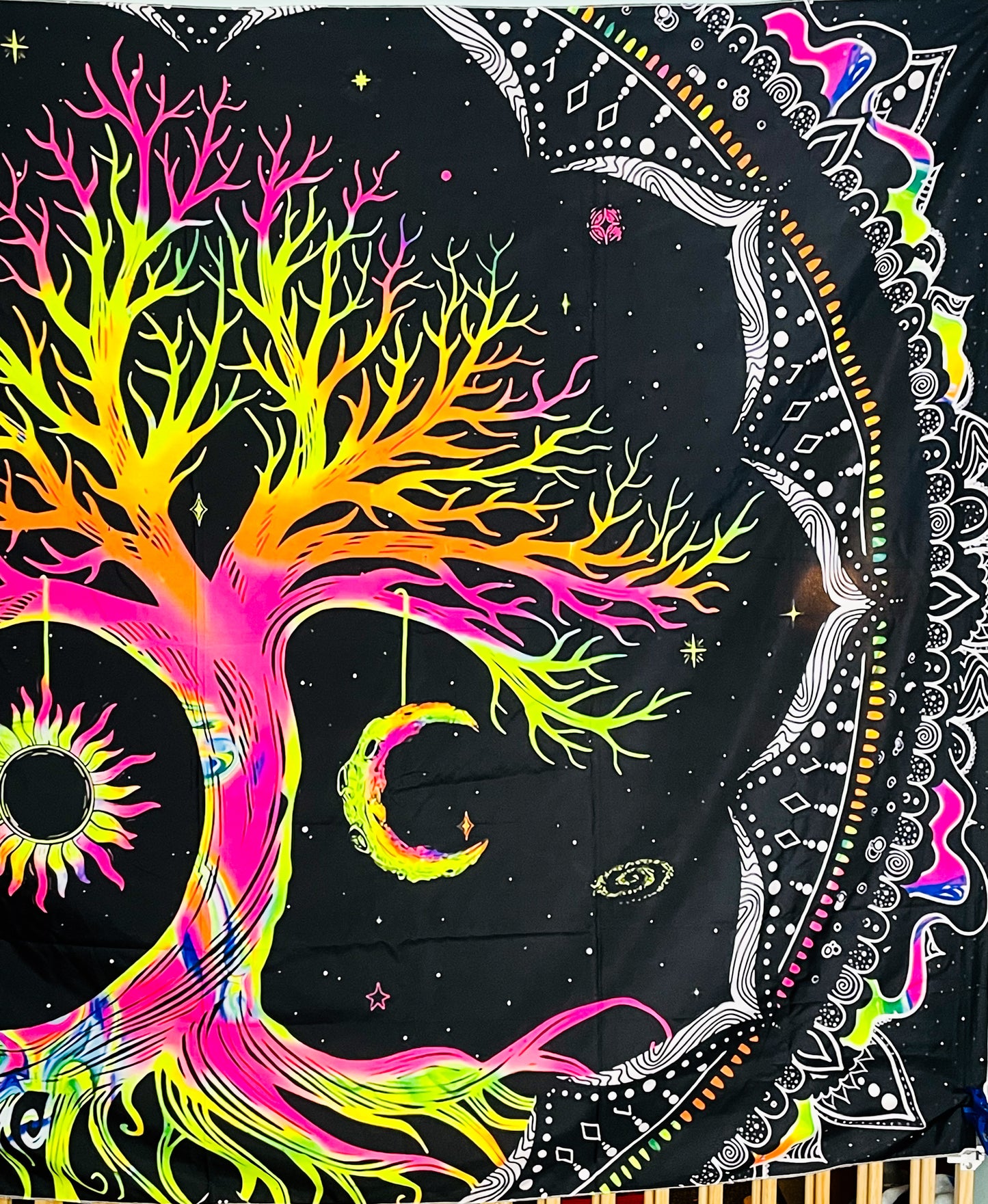 UV Blacklight Reactive Glow in the Dark Tree of Life Sun & Moon Tapestry