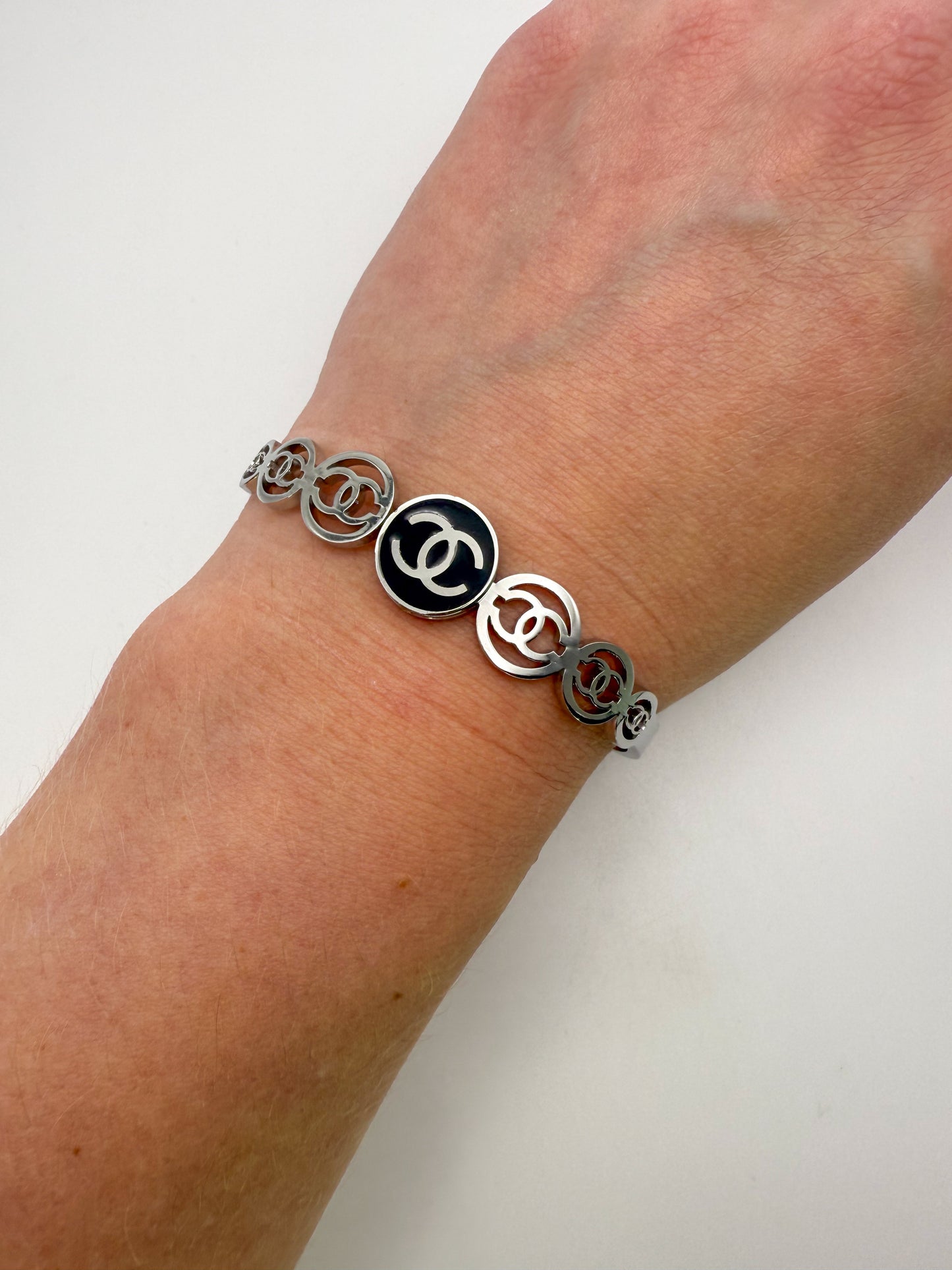Silver CC Open Front Bangle Bracelet