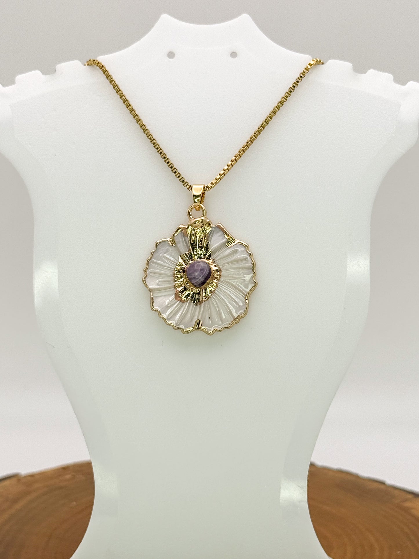 Nature’s Beauty Necklace-Natural Shell with Natural Turquoise Gemstone, Gold Stainless Steel Pendant Necklace