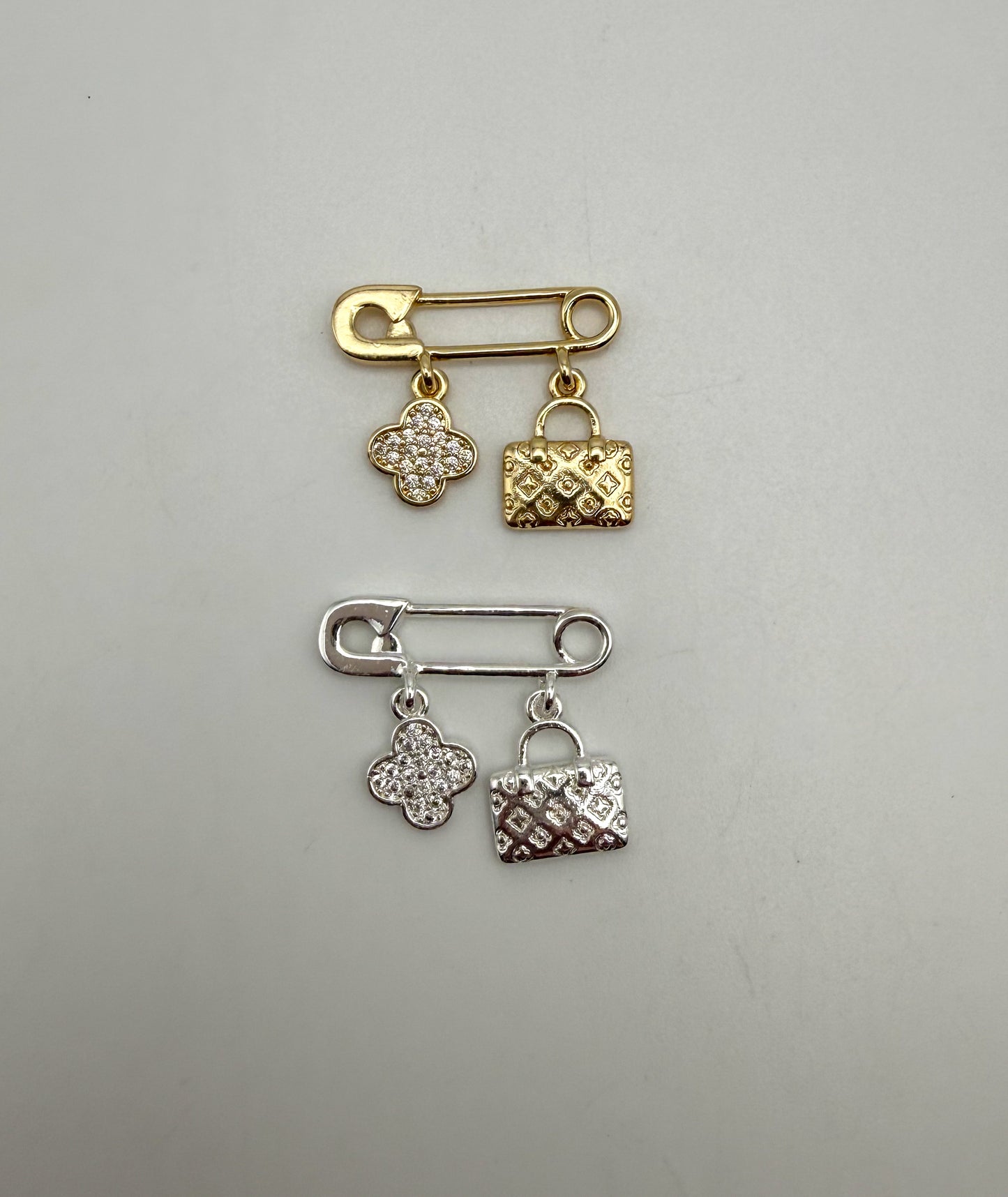 LV Inspired Clover & Purse Silver or Gold Safety Pin Dangle Charm Pendant