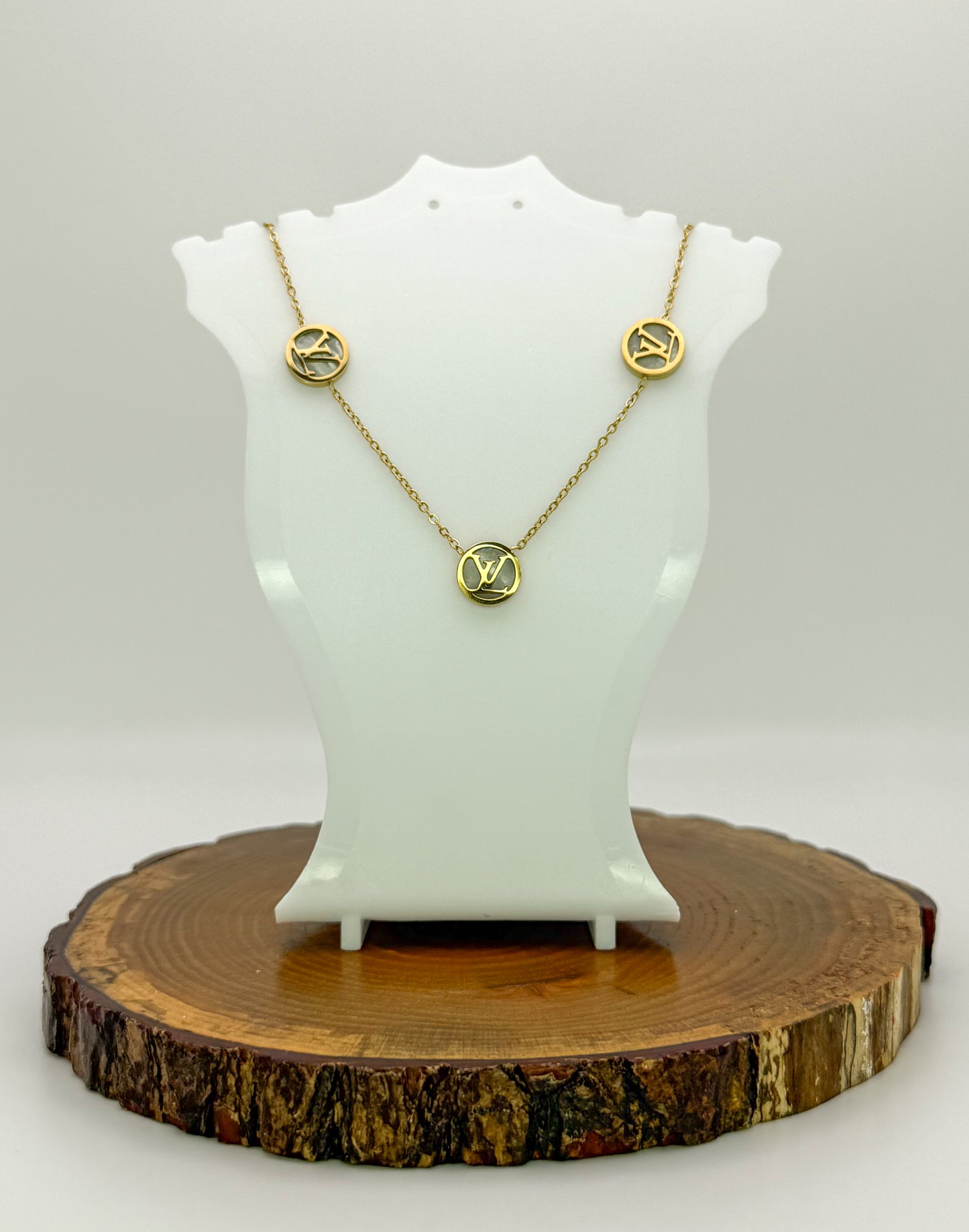 Round LV Designer Gold Stainless Steel Necklace with Mother of Pearl Shell Inclusions