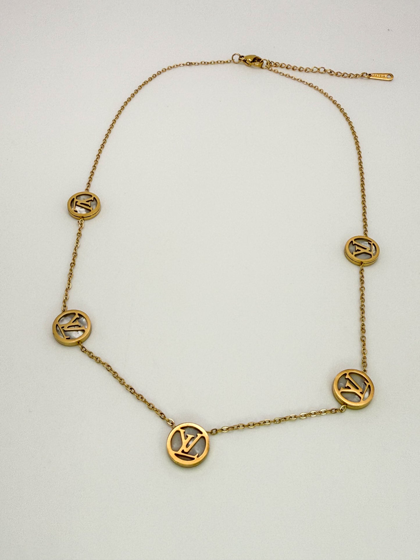 Round LV Designer Gold Stainless Steel Necklace with Mother of Pearl Shell Inclusions