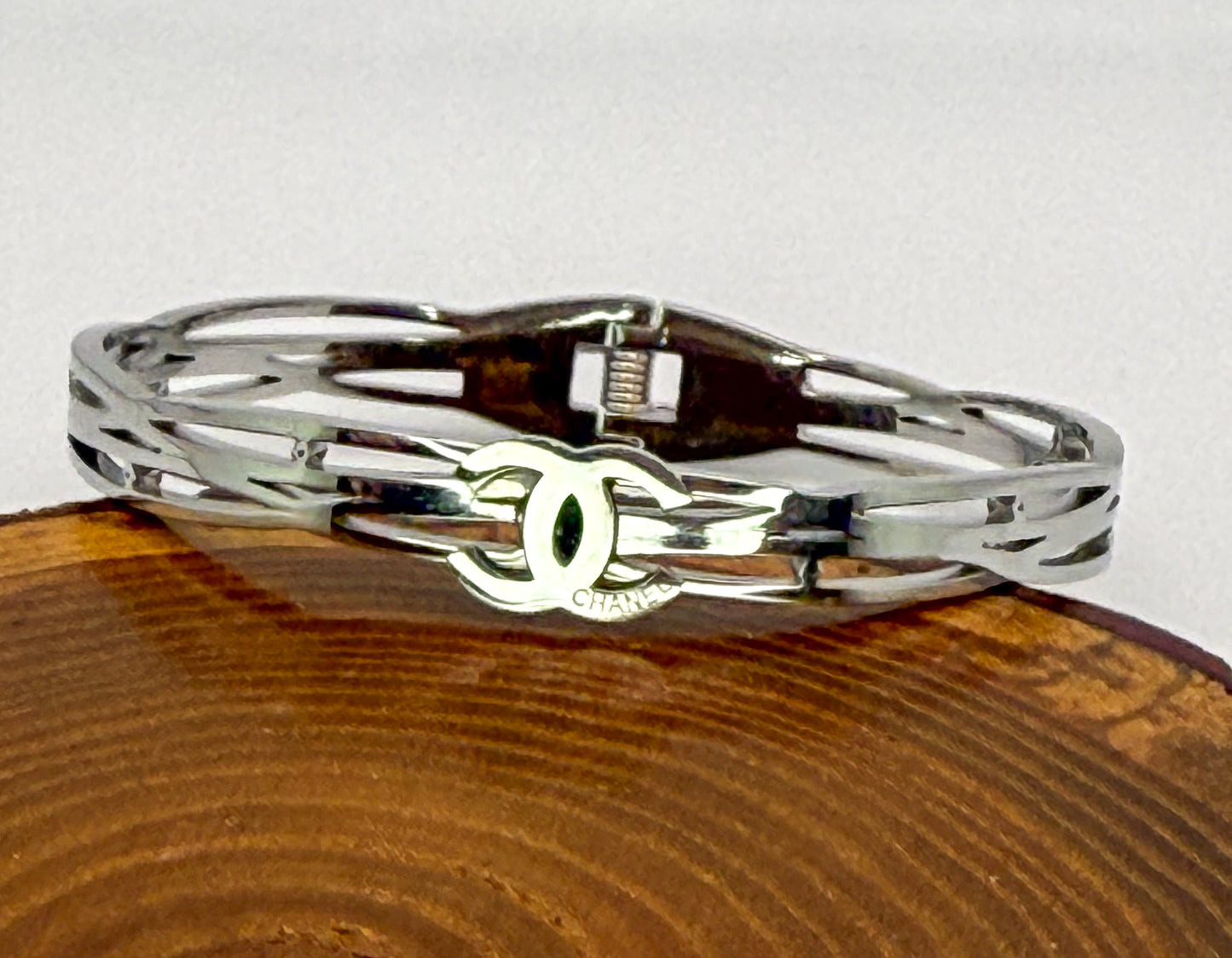 Silver Stainless Steel CC Designer Open Front Bangle Bracelet