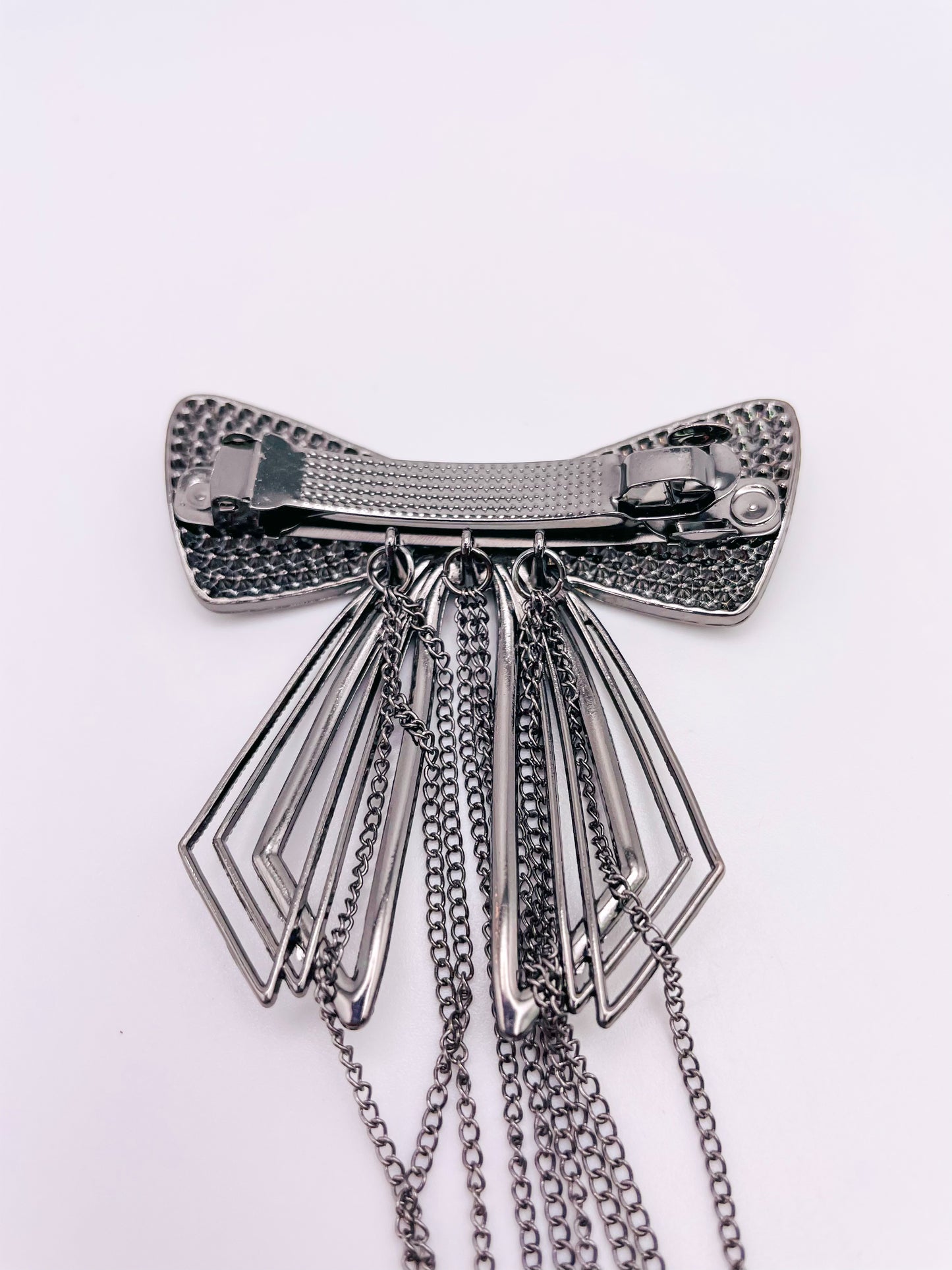 Black Bow Brochette with Dangling Black Chain; Hair Pin