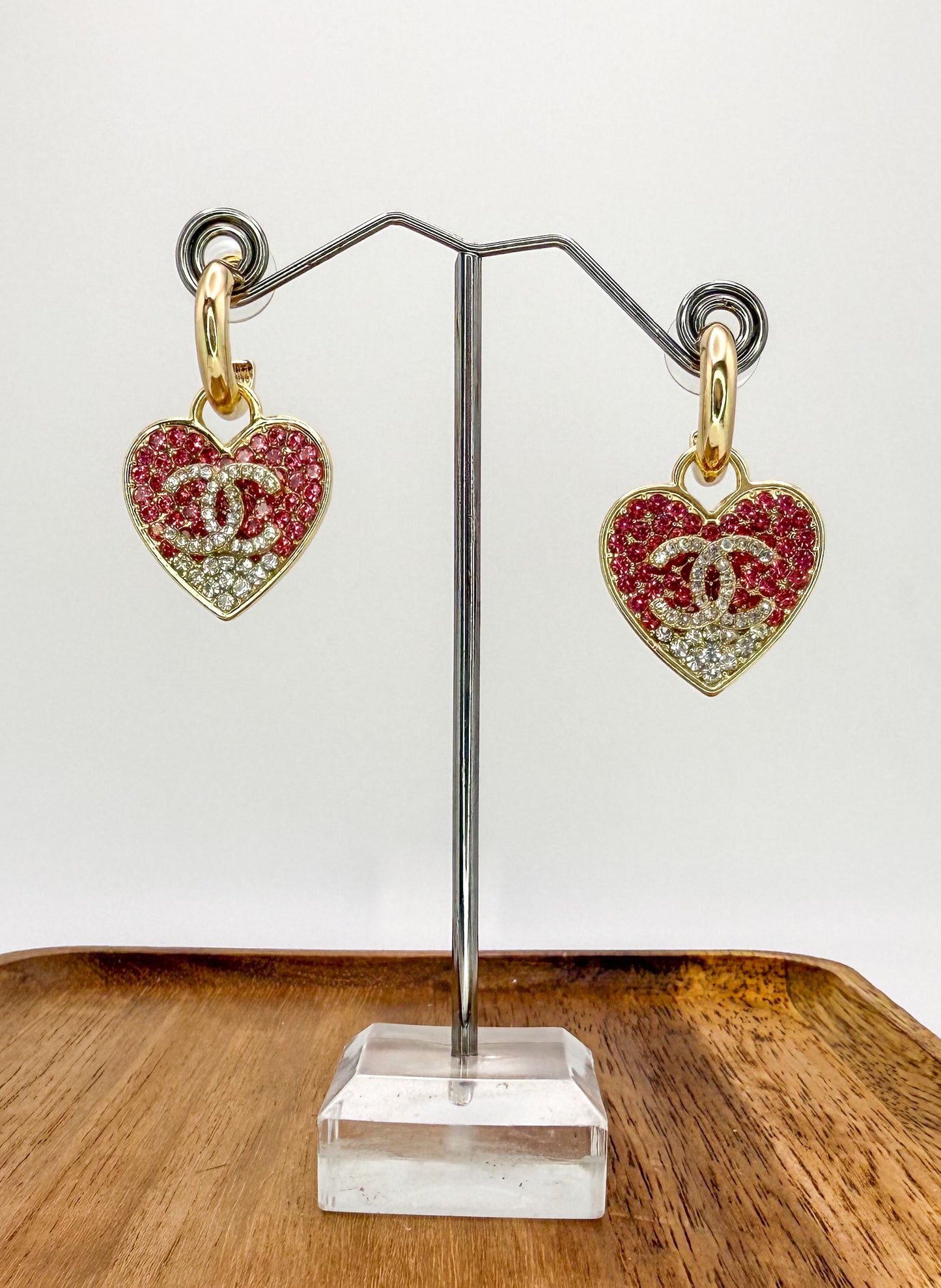 Gold & Hot Pink CC Designer Stud Dangle Hoop Earrings