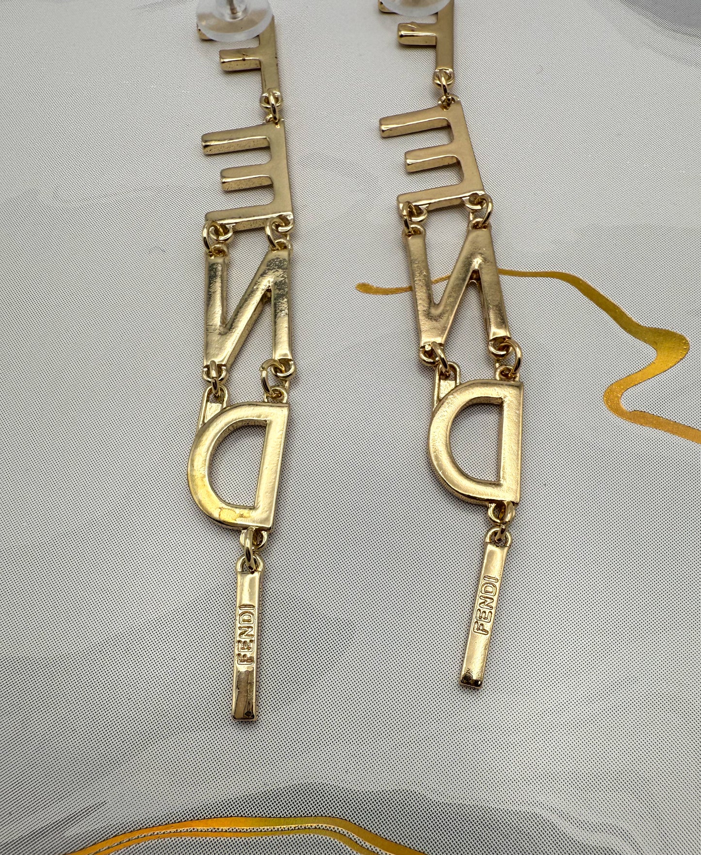 Long Gold Fendi Designer Dangle Stud Earrings