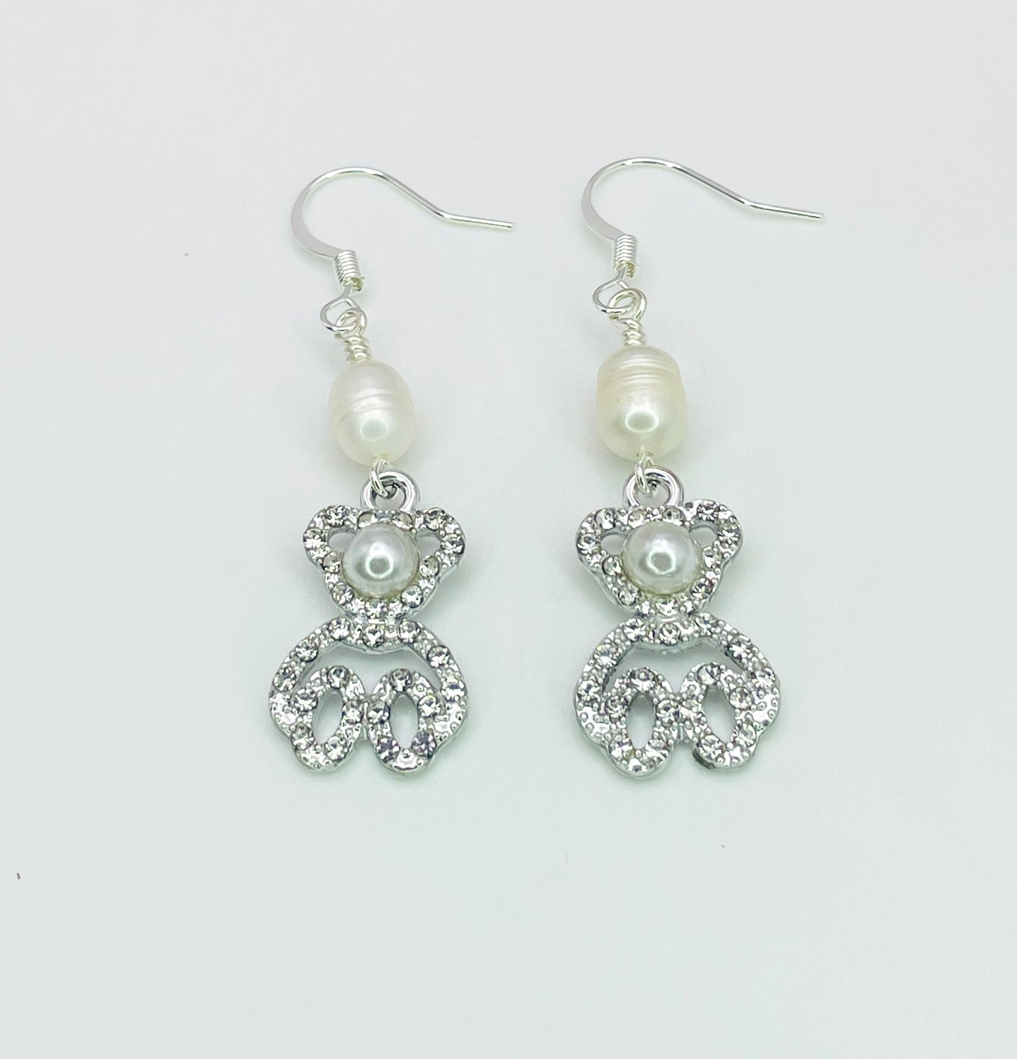 Silver Pearl Teddy Bear Earrings