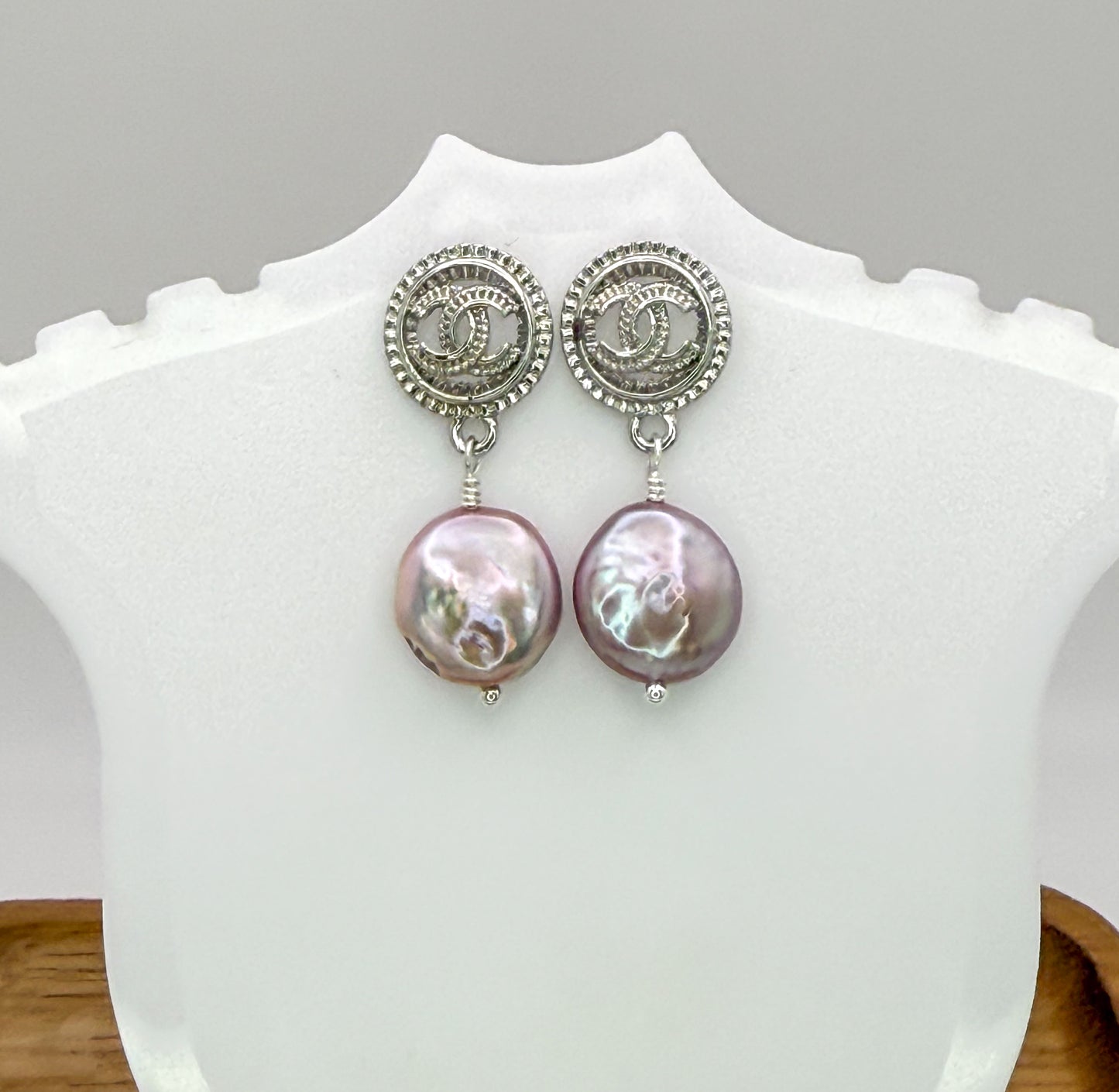 Silver CC Designer Stud Earrings with Dangling Freshwater Pearls