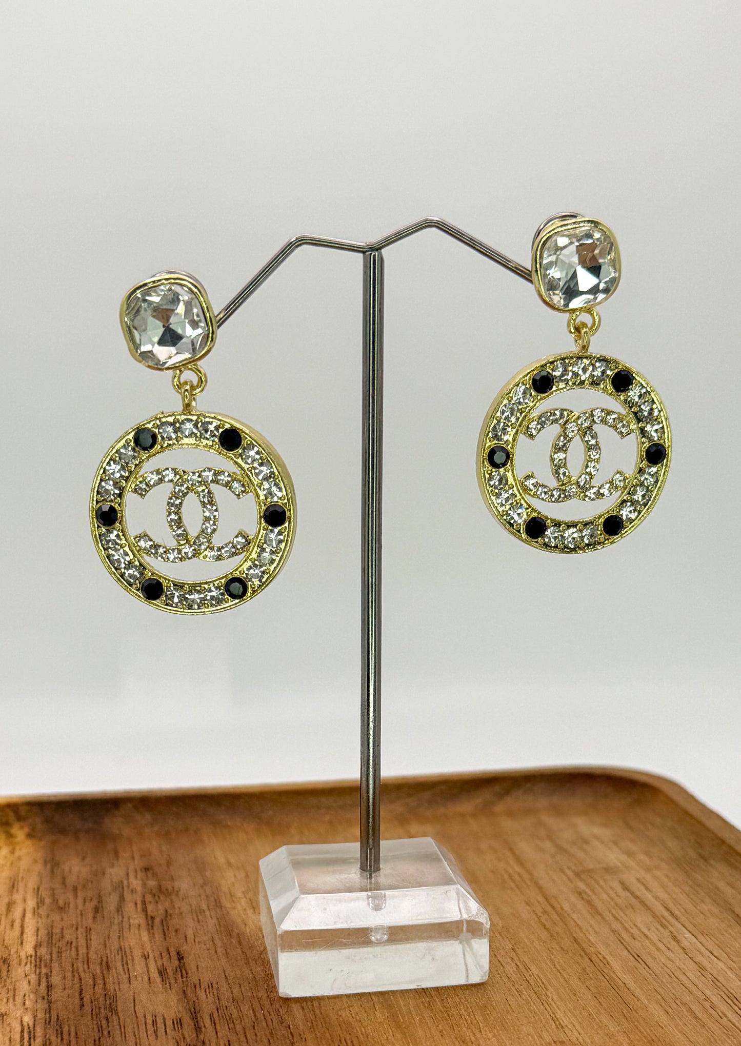 Gold Sparkling CC Designer Stud Earrings