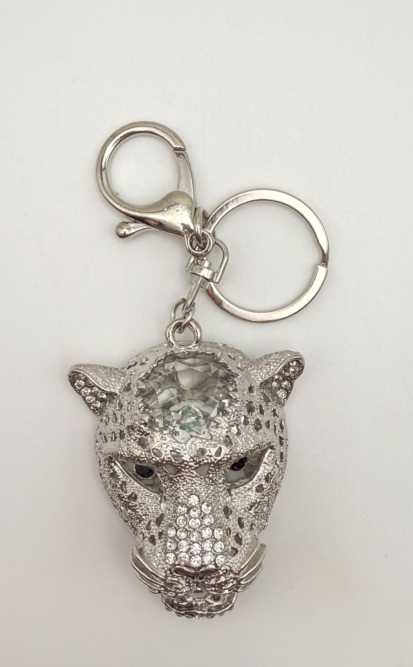 Silver Leopard Head with Huge Zircon on top of head Keychain