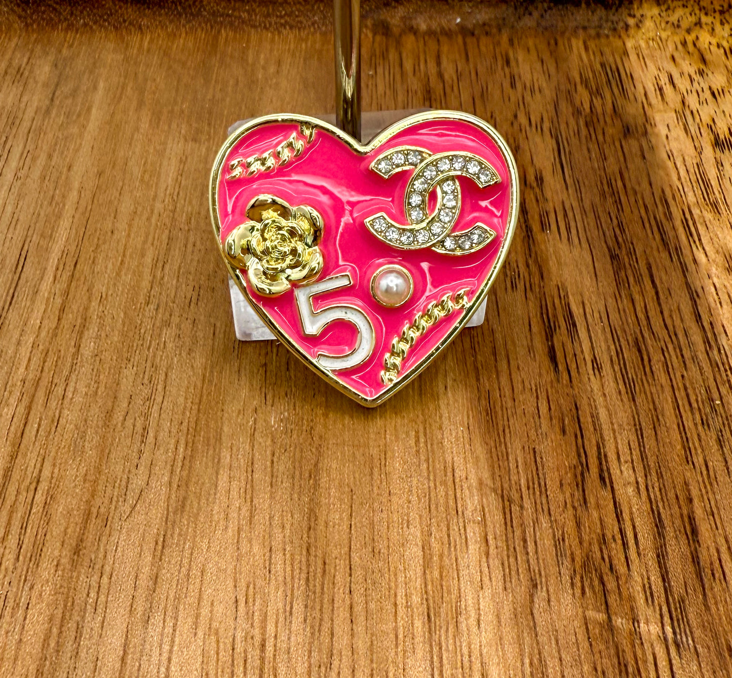 Hot Pink & Gold CC Designer Matching Stud Earrings & Brooch